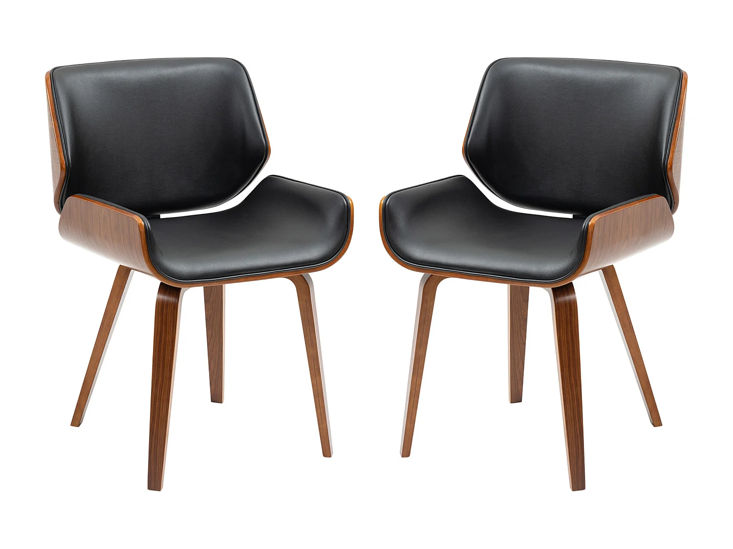 Lot de 2 chaises design vintage piètement châssis bois peuplier aspect noyer revêtement mixte synthétique tissu noir