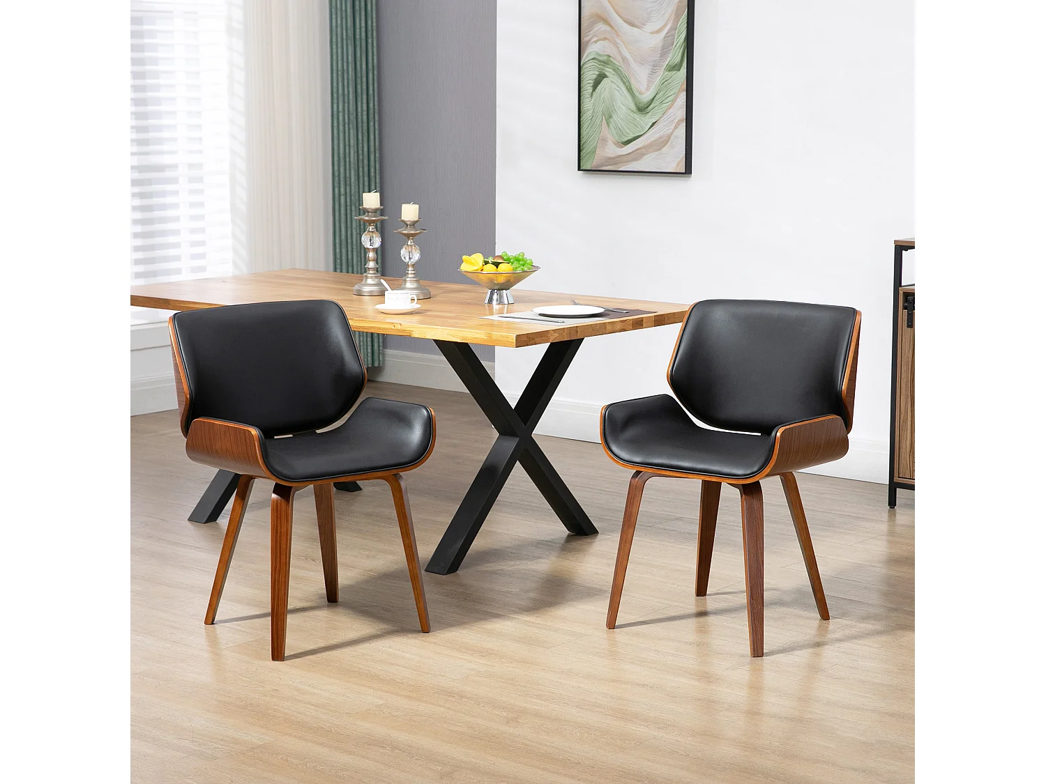 Lot de 2 chaises design vintage piètement châssis bois peuplier aspect noyer revêtement mixte synthétique tissu noir