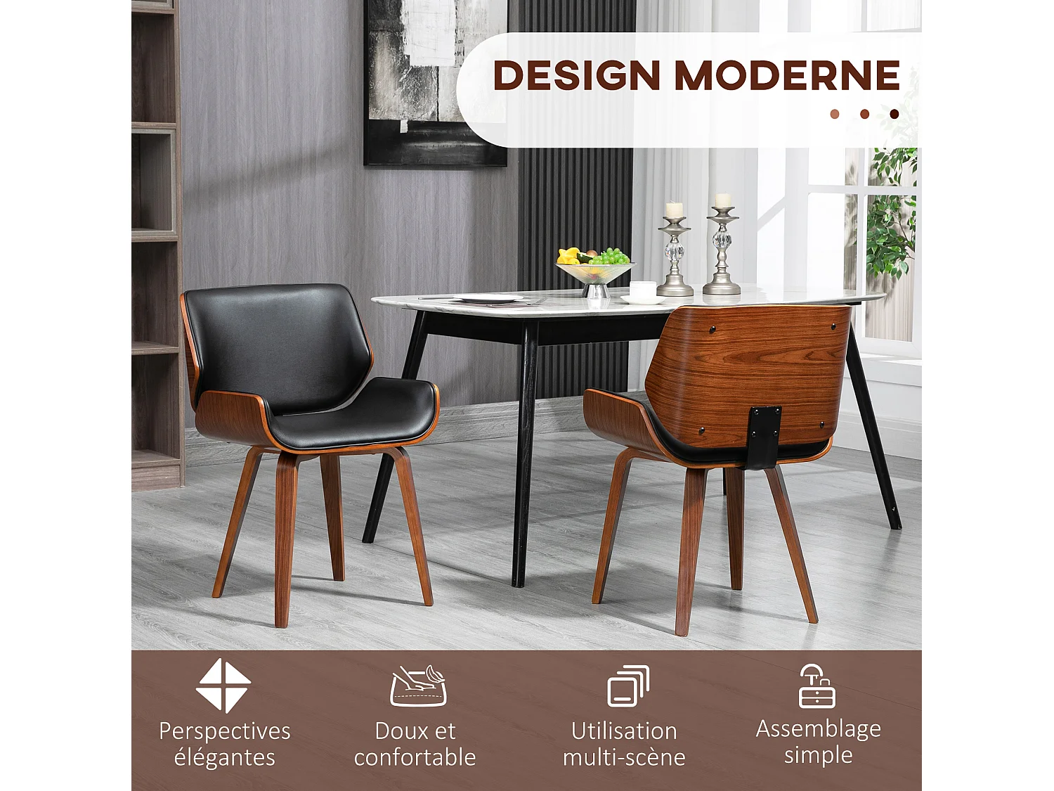 Lot de 2 chaises design vintage piètement châssis bois peuplier aspect noyer revêtement mixte synthétique tissu noir