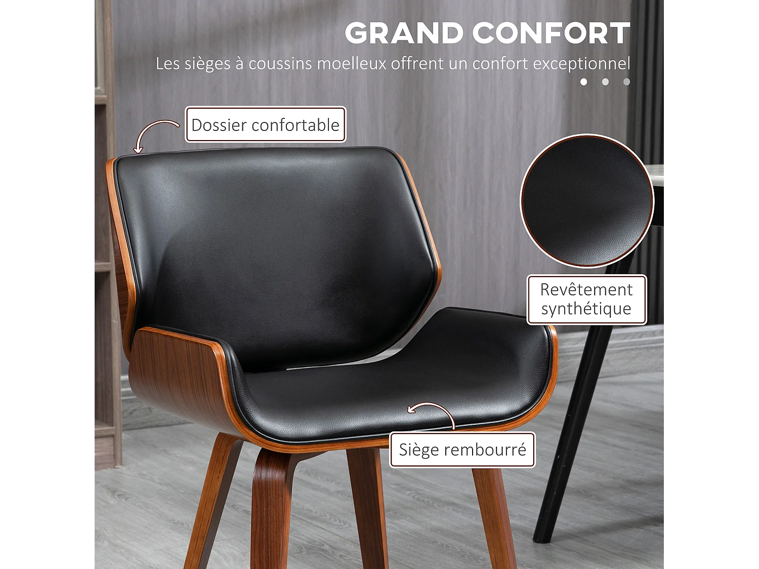 Lot de 2 chaises design vintage piètement châssis bois peuplier aspect noyer revêtement mixte synthétique tissu noir