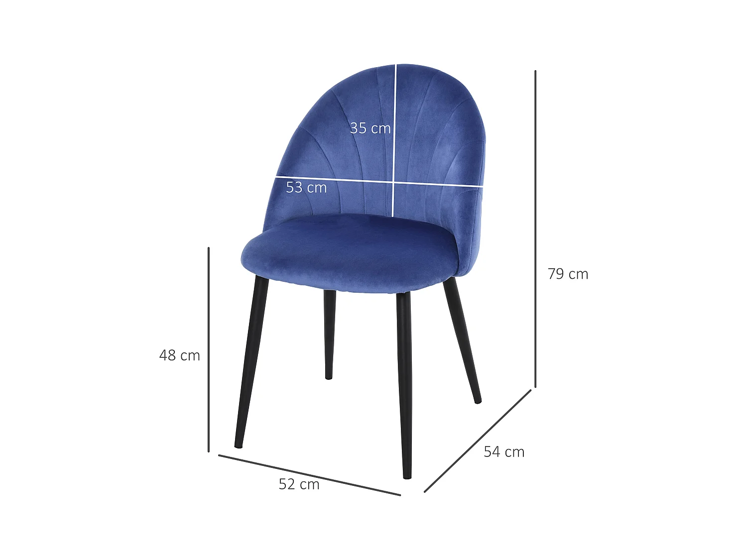 Lot de 2 chaises velours bleu pieds métal noir dim. 52L x 54l x 79H cm