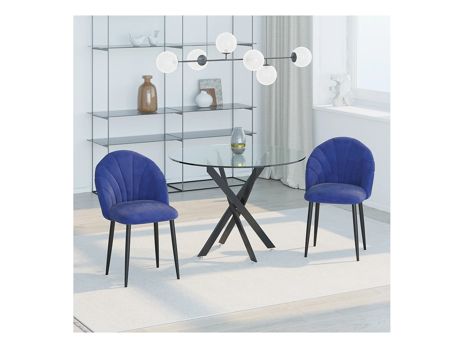 Lot de 2 chaises velours bleu pieds métal noir dim. 52L x 54l x 79H cm
