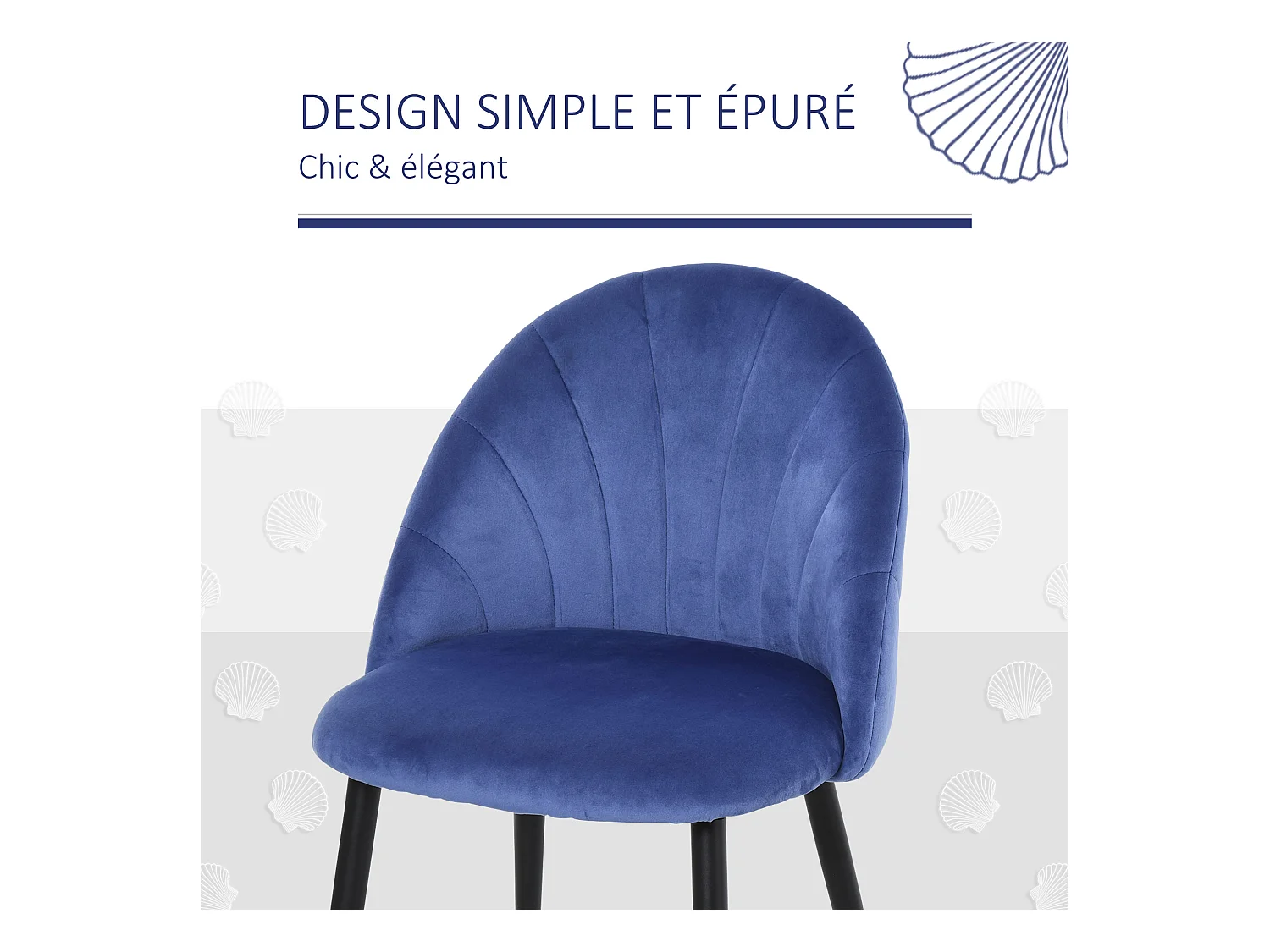 Lot de 2 chaises velours bleu pieds métal noir dim. 52L x 54l x 79H cm