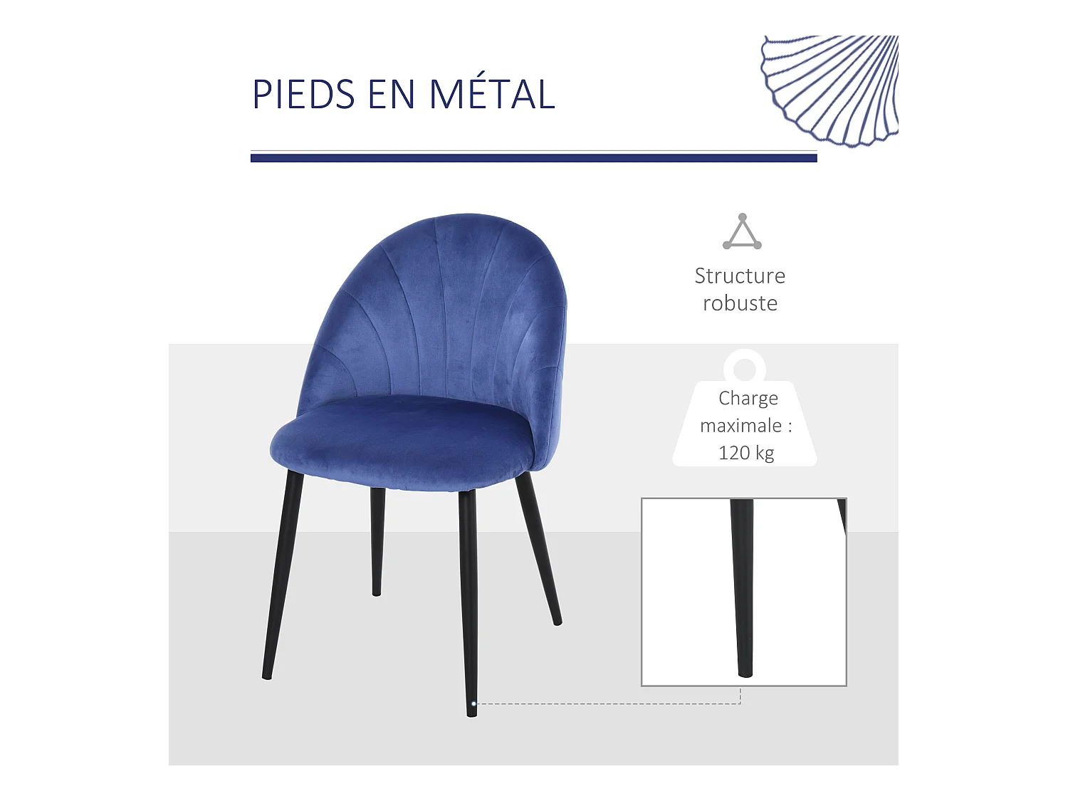 Lot de 2 chaises velours bleu pieds métal noir dim. 52L x 54l x 79H cm