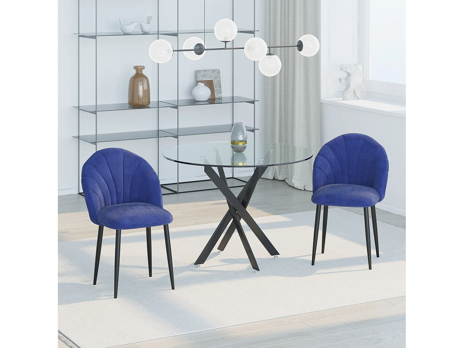 Lot de 2 chaises velours bleu pieds métal noir dim. 52L x 54l x 79H cm