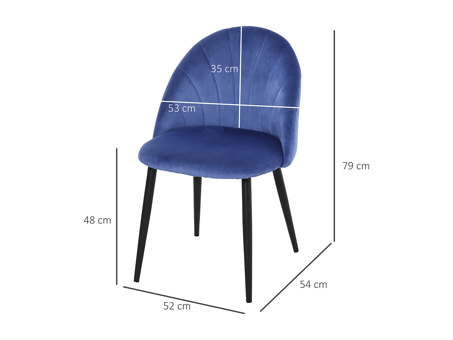 Lot de 2 chaises velours bleu pieds métal noir dim. 52L x 54l x 79H cm