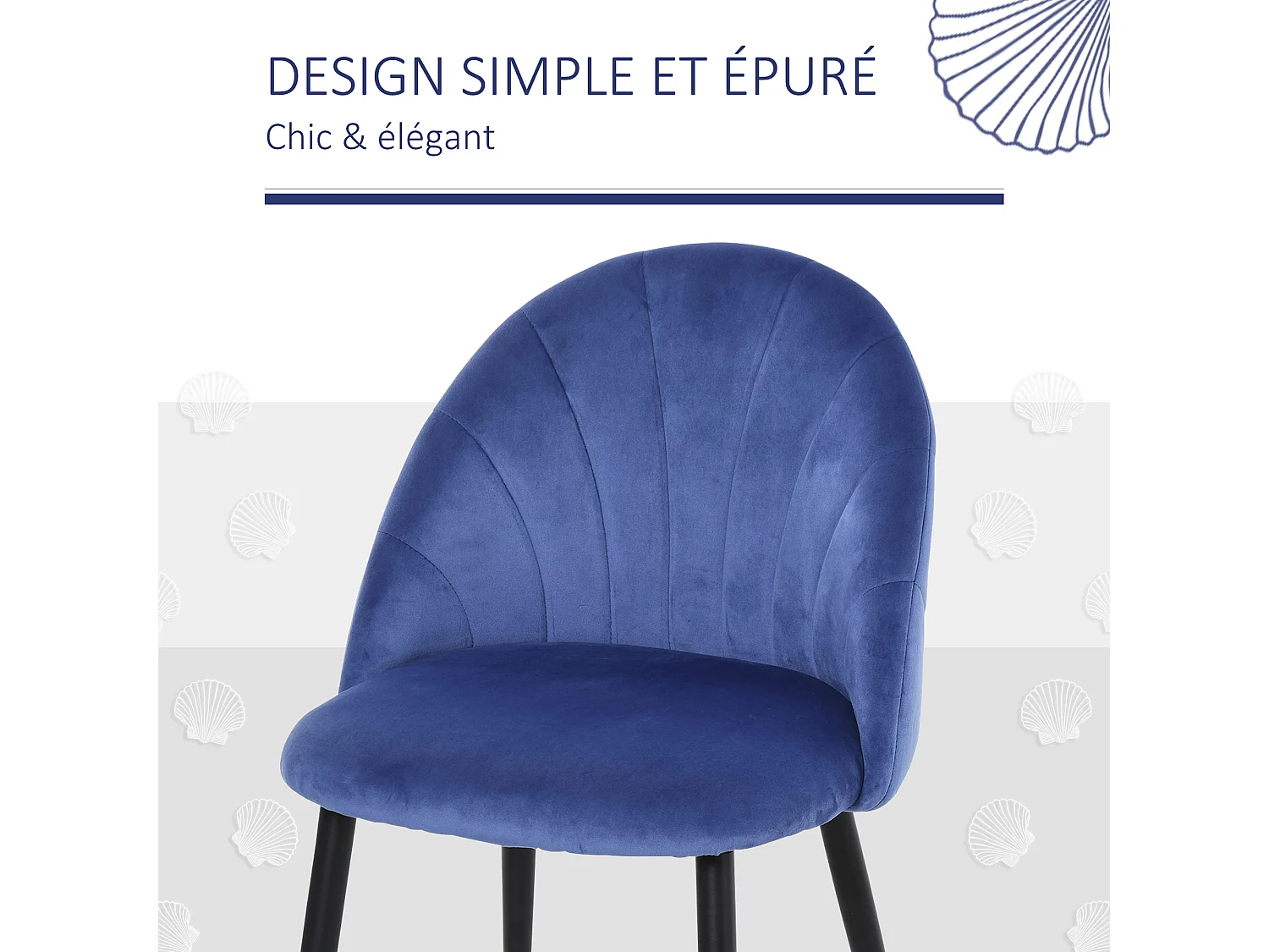 Lot de 2 chaises velours bleu pieds métal noir dim. 52L x 54l x 79H cm