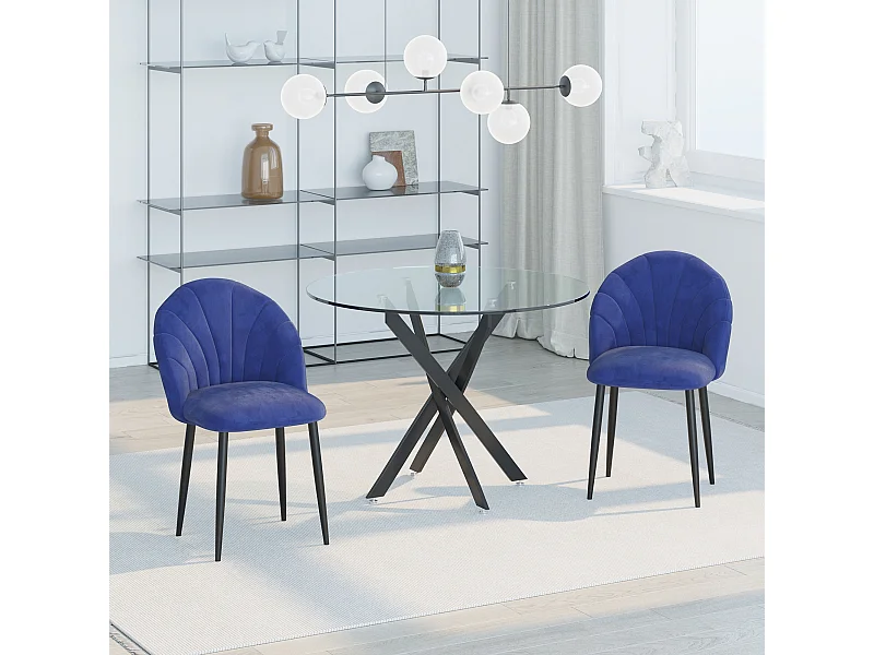 Lot de 2 chaises velours bleu pieds métal noir dim. 52L x 54l x 79H cm