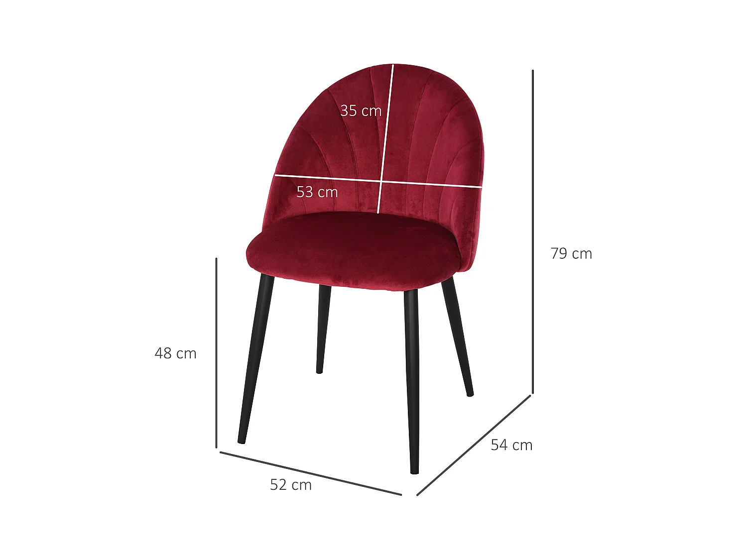 Lot de 2 chaises velours bordeaux pieds métal noir dim. 52L x 54l x 79H cm