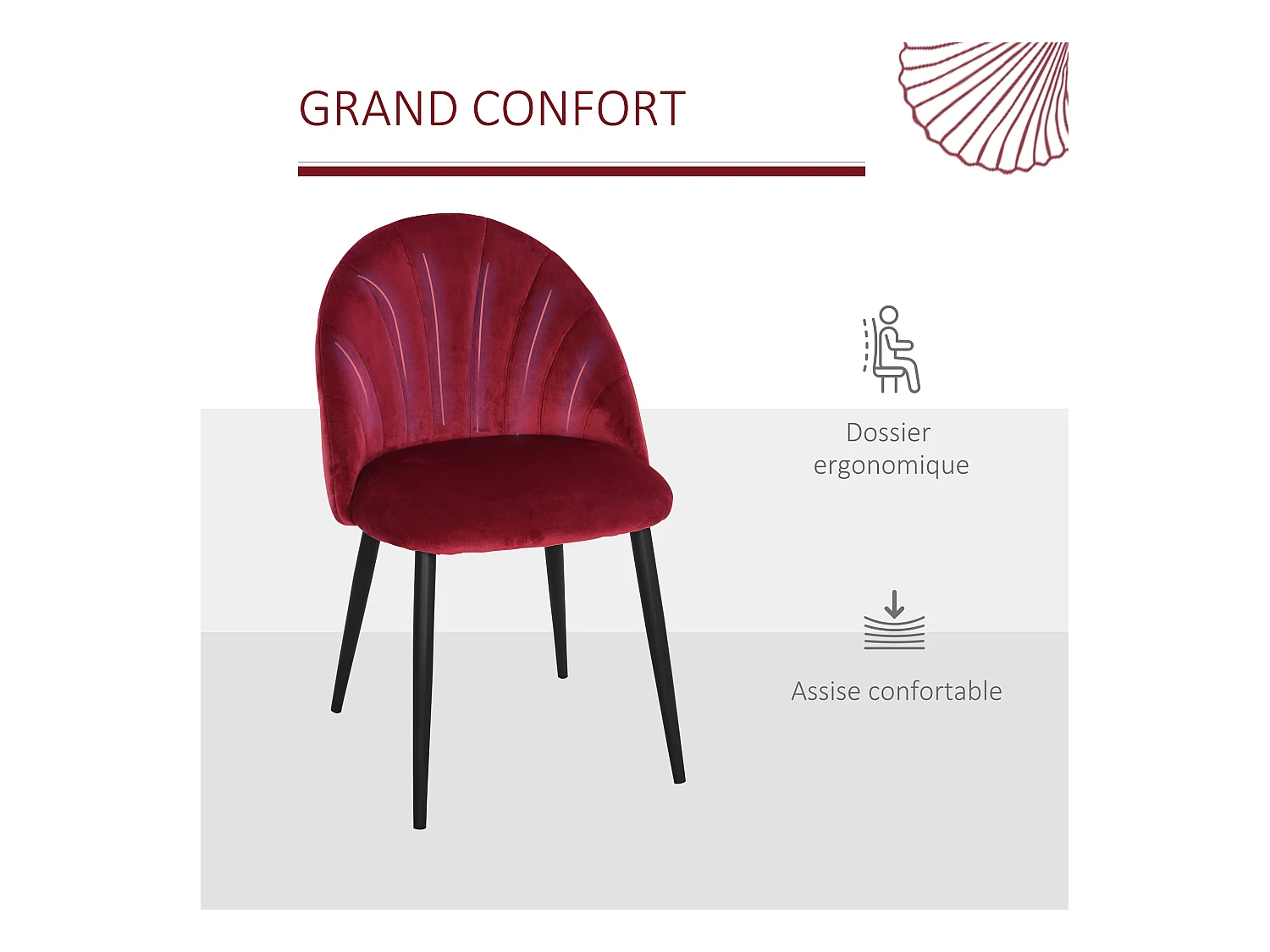 Lot de 2 chaises velours bordeaux pieds métal noir dim. 52L x 54l x 79H cm