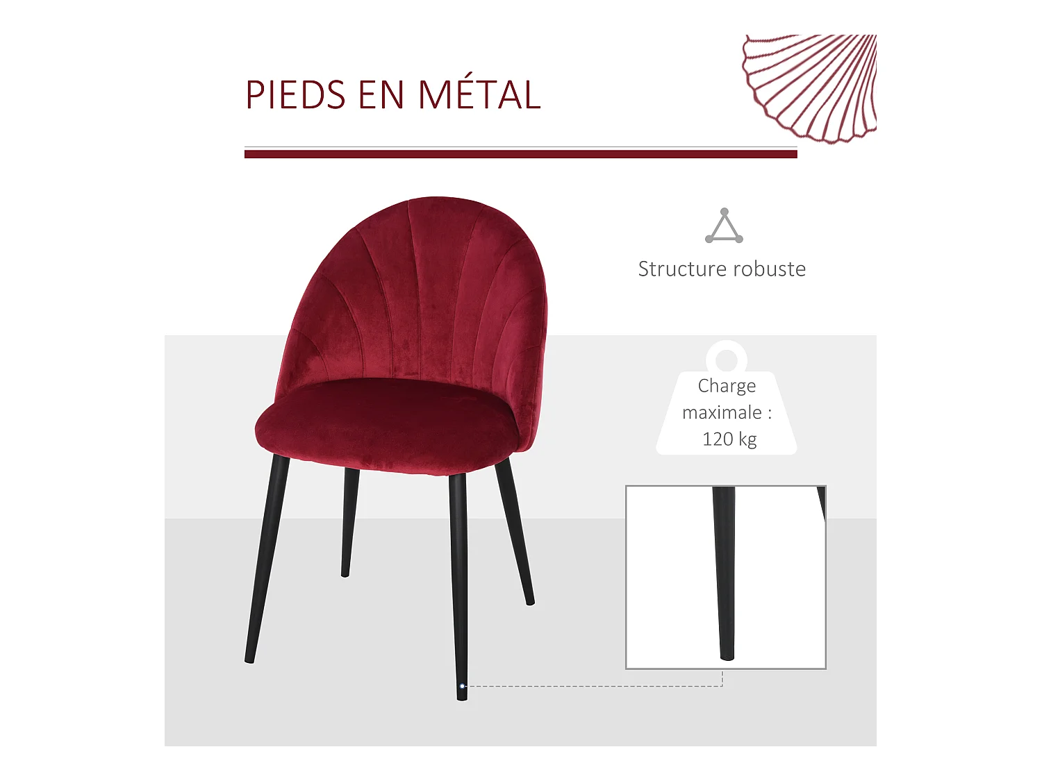 Lot de 2 chaises velours bordeaux pieds métal noir dim. 52L x 54l x 79H cm
