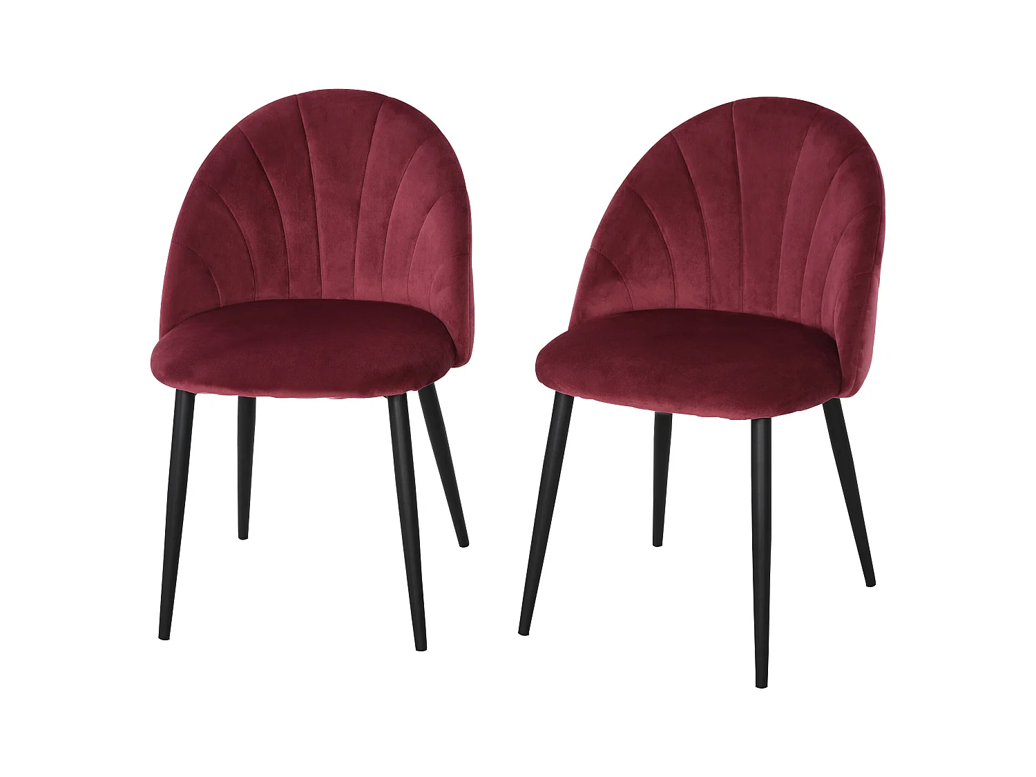 Lot de 2 chaises velours bordeaux pieds métal noir dim. 52L x 54l x 79H cm
