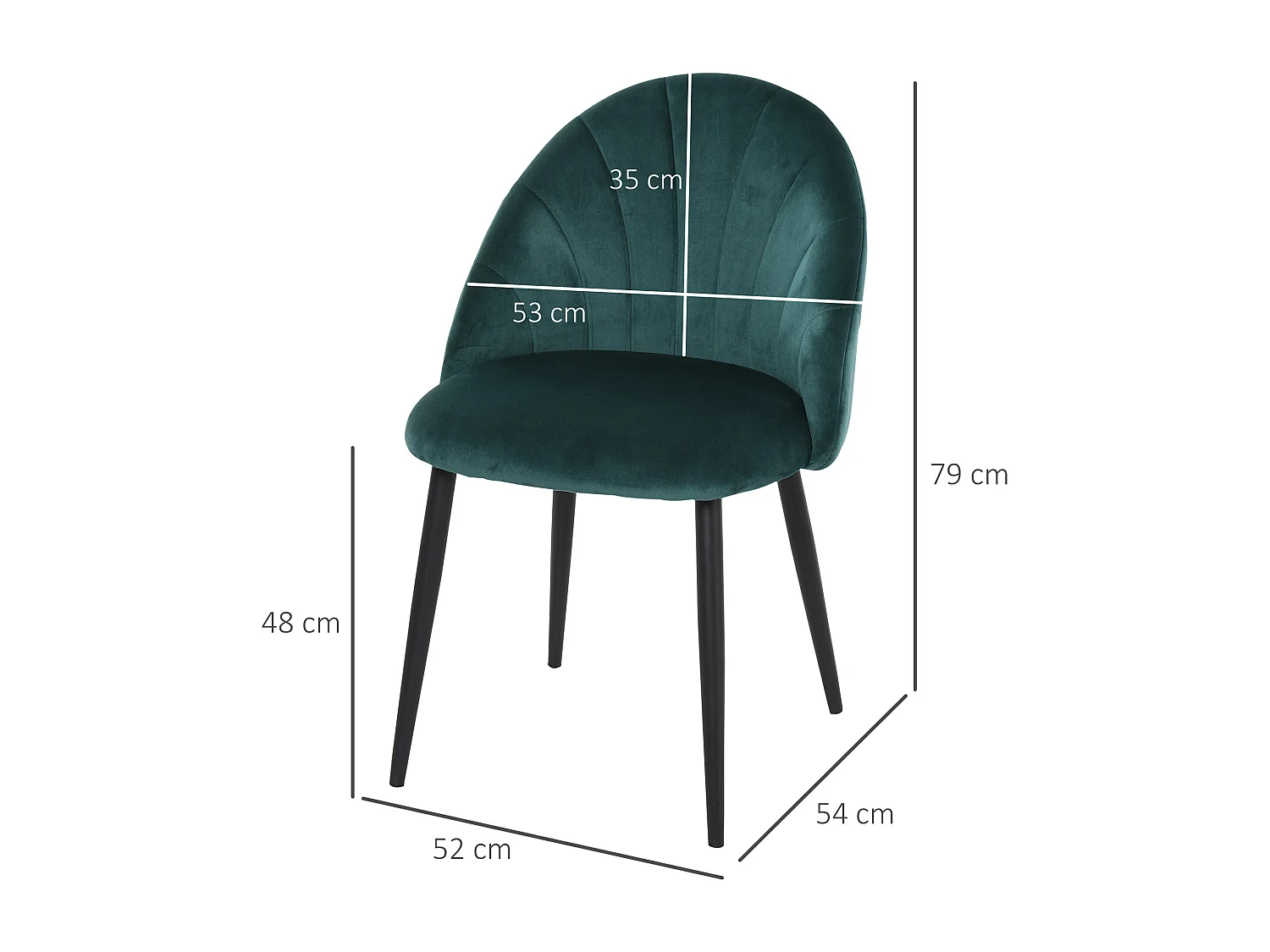 Lot de 2 chaises velours vert pieds métal noir dim. 52L x 54l x 79H cm