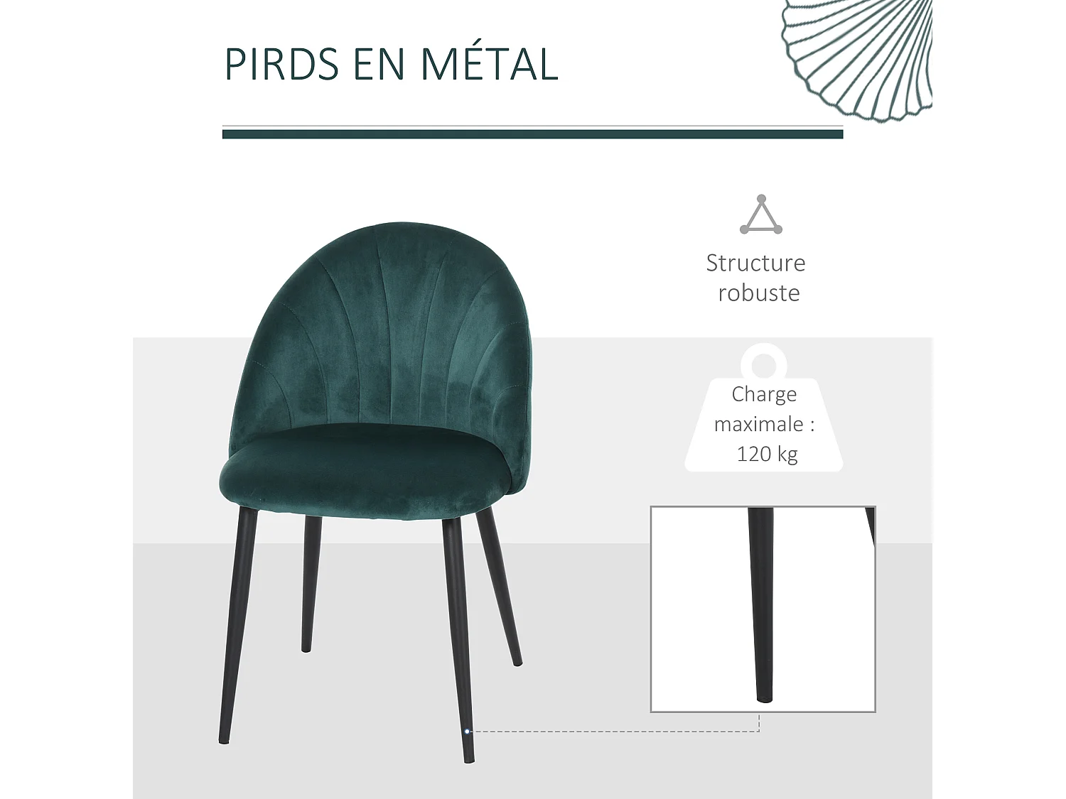 Lot de 2 chaises velours vert pieds métal noir dim. 52L x 54l x 79H cm