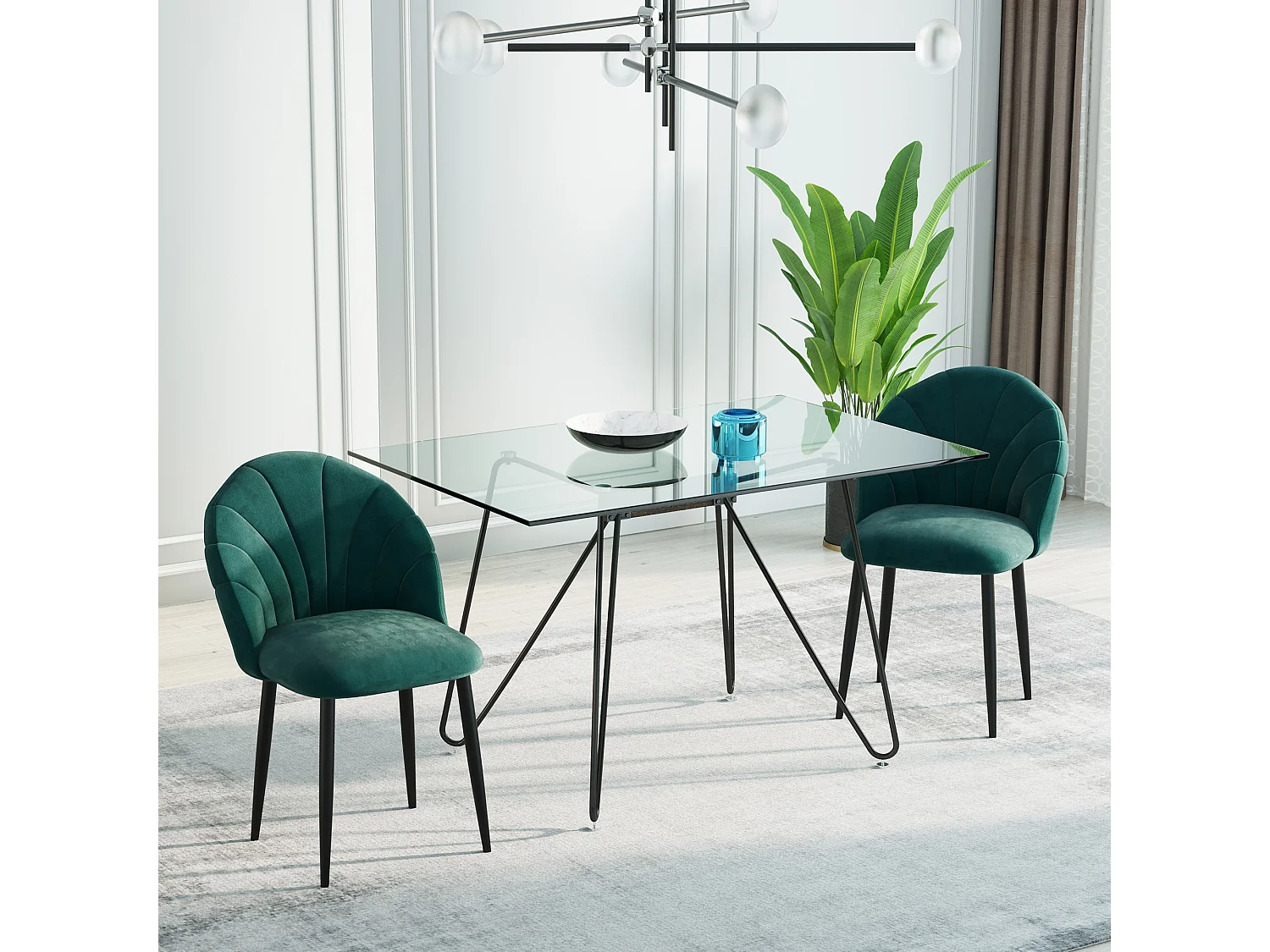 Lot de 2 chaises velours vert pieds métal noir dim. 52L x 54l x 79H cm