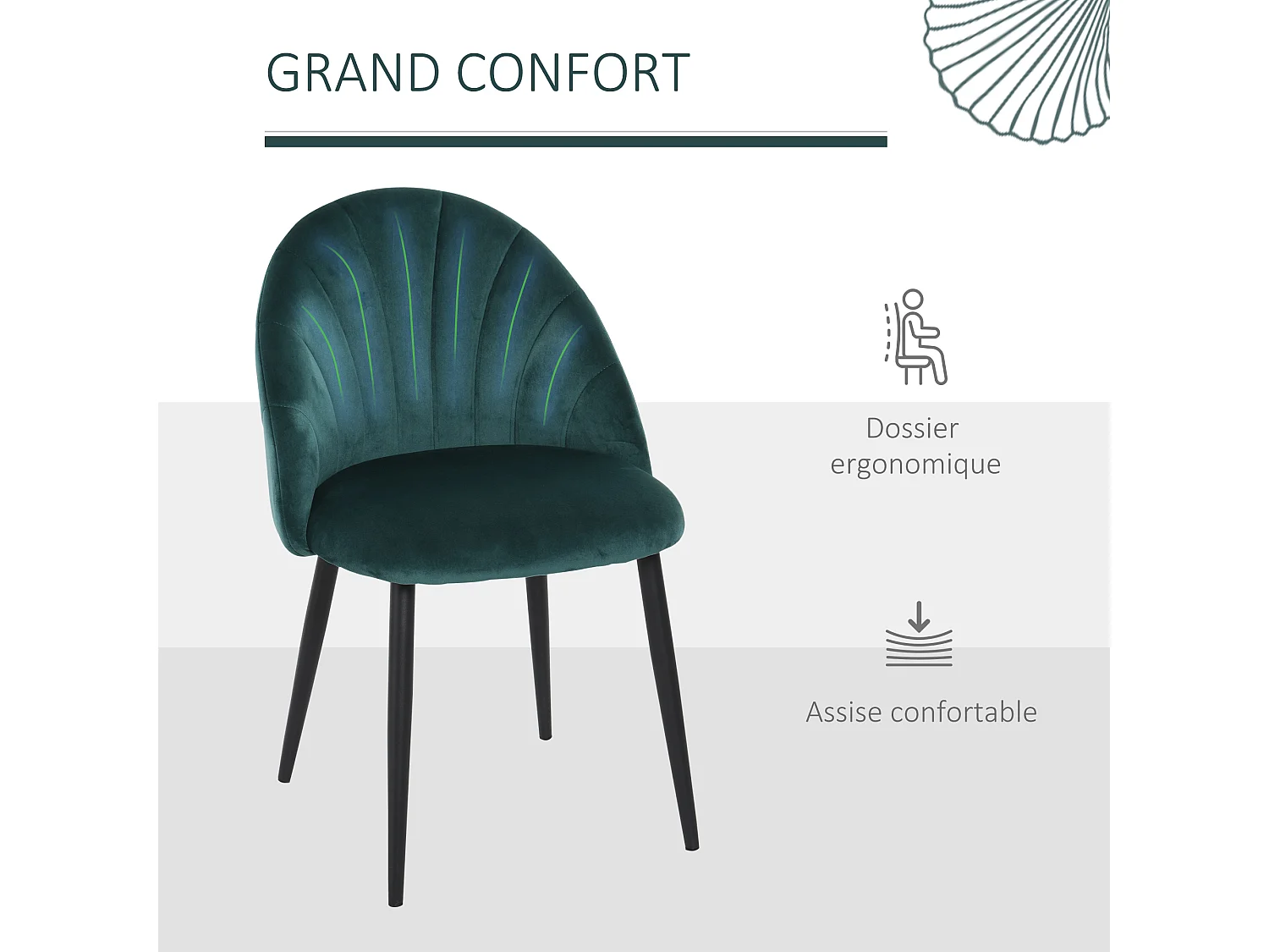 Lot de 2 chaises velours vert pieds métal noir dim. 52L x 54l x 79H cm