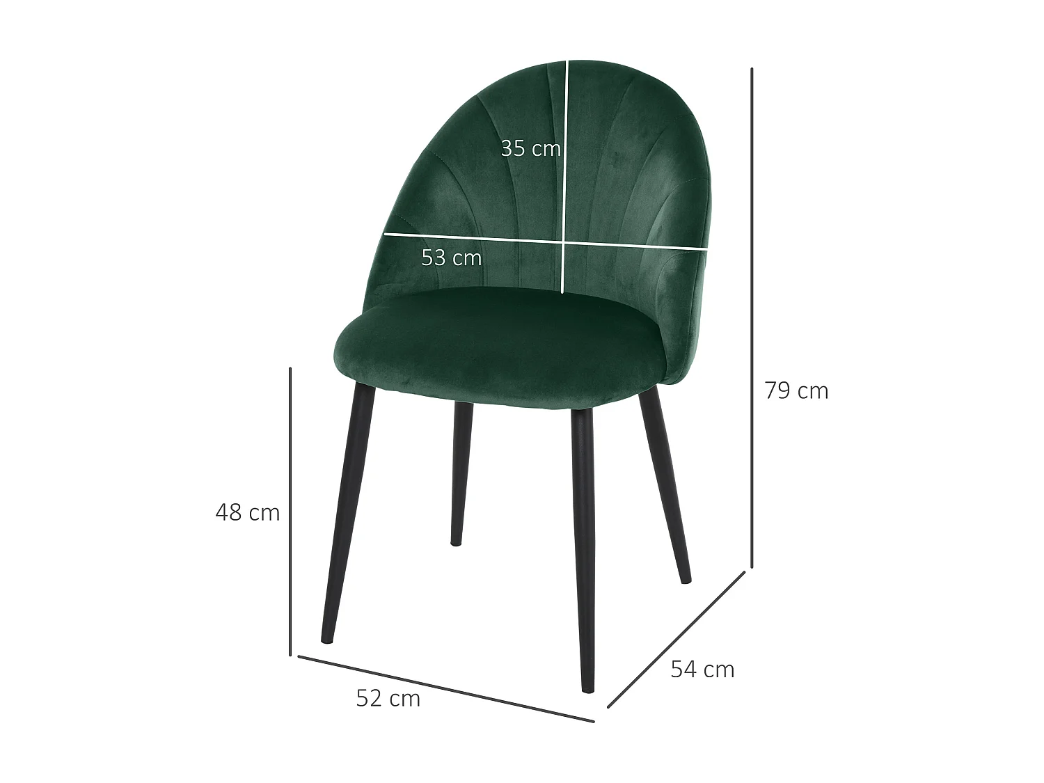 Lot de 2 chaises velours vert pieds métal noir dim. 52L x 54l x 79H cm
