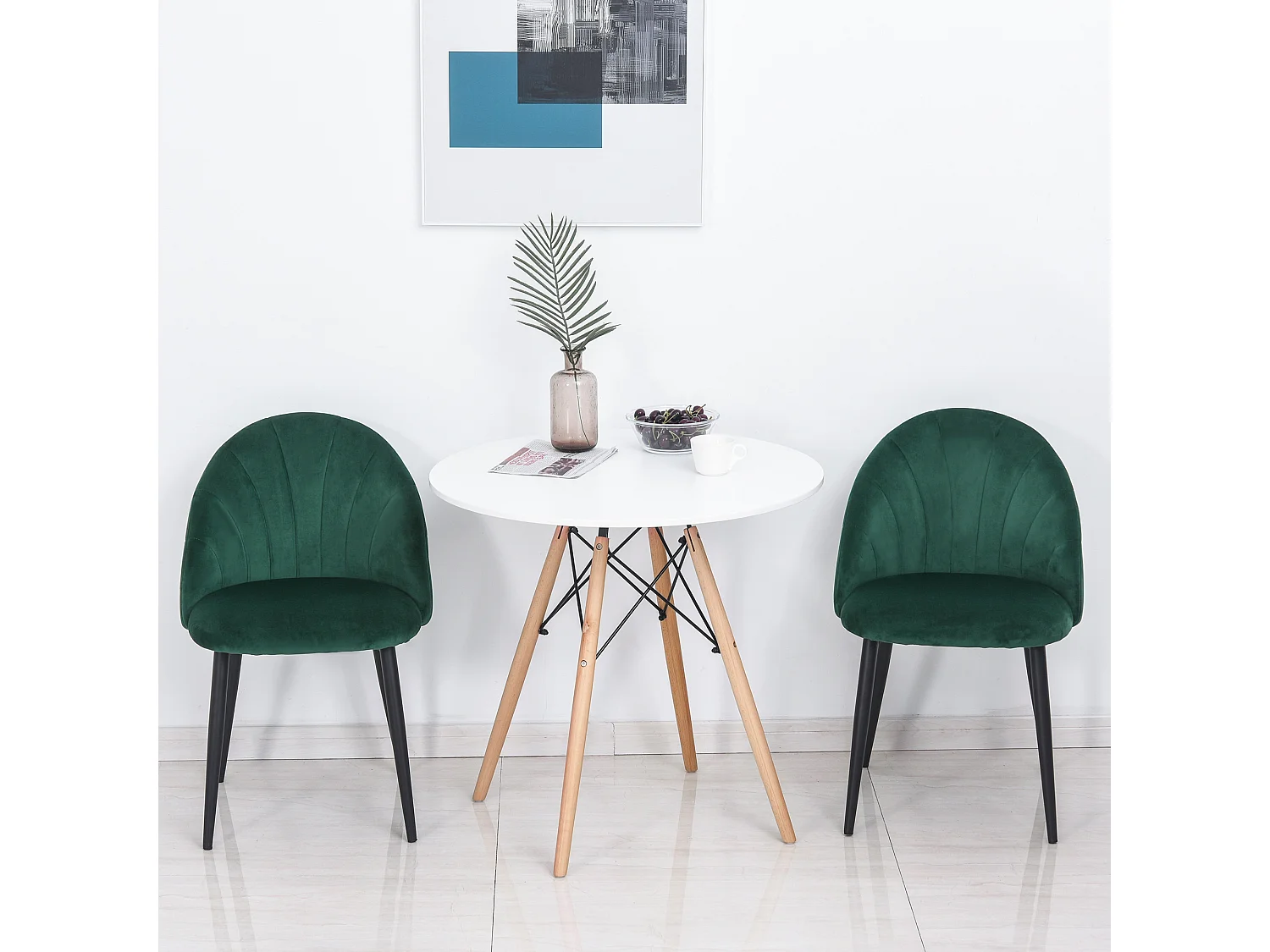 Lot de 2 chaises velours vert pieds métal noir dim. 52L x 54l x 79H cm