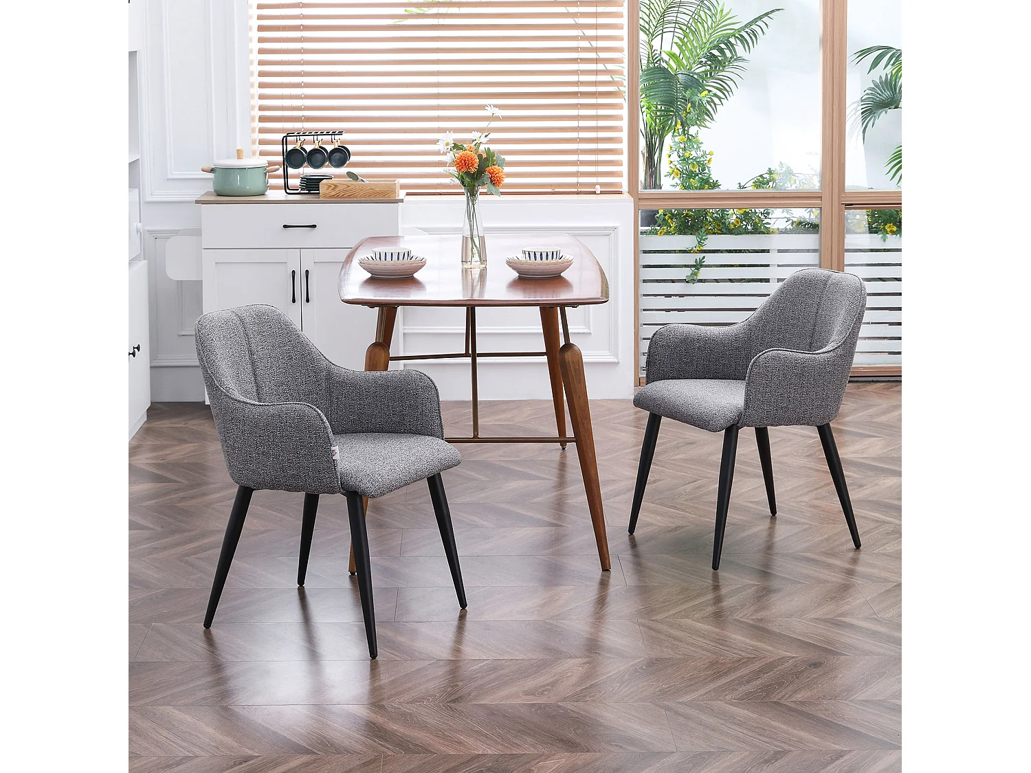 Chaises de visiteur design contemporain - lot de 2 chaises - piètement effilé incliné acier noir - révêtement aspect lin gris