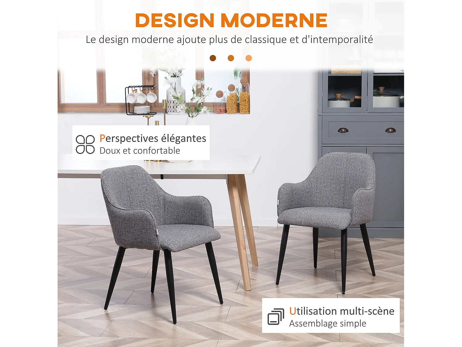 Chaises de visiteur design contemporain - lot de 2 chaises - piètement effilé incliné acier noir - révêtement aspect lin gris