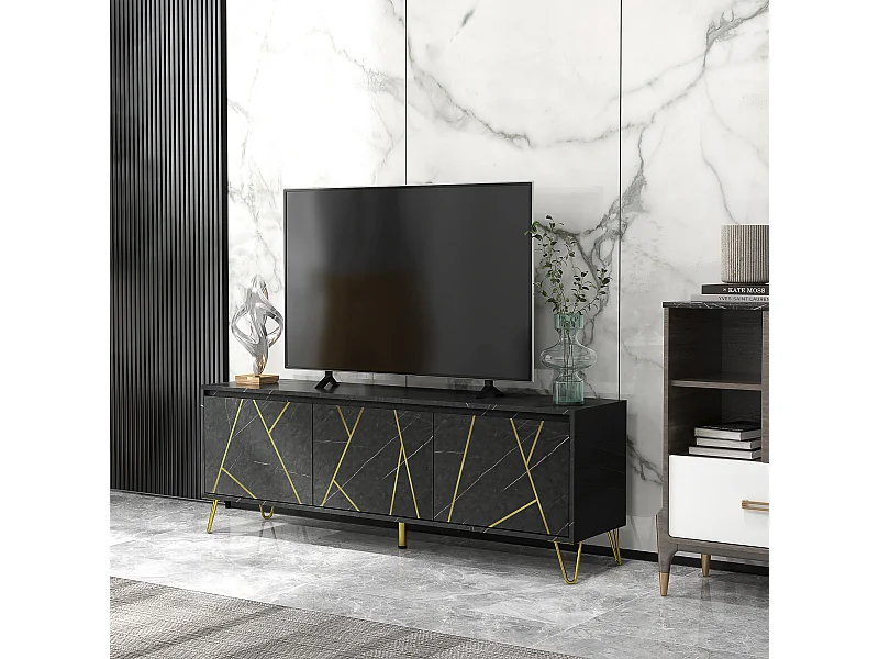 Meuble TV banc TV style art déco - 3 portes, 2 étagères - piètement épingle métal doré MDF aspect marbre noir rainures dorées