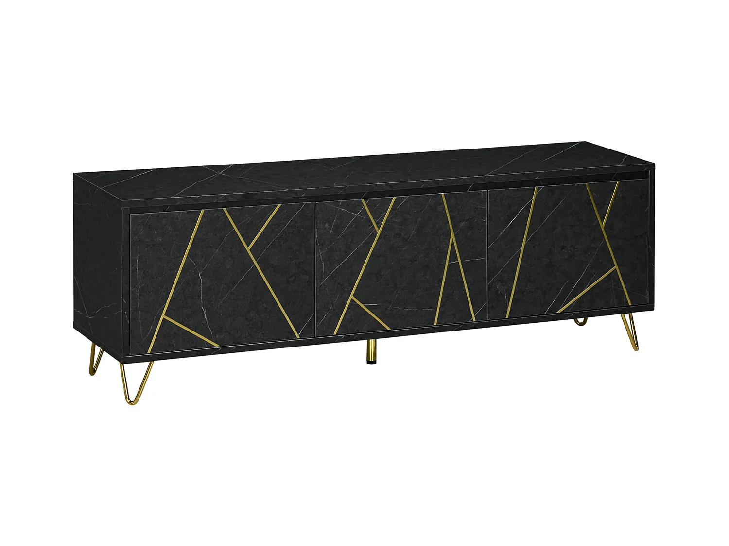 Meuble TV banc TV style art déco - 3 portes, 2 étagères - piètement épingle métal doré MDF aspect marbre noir rainures dorées