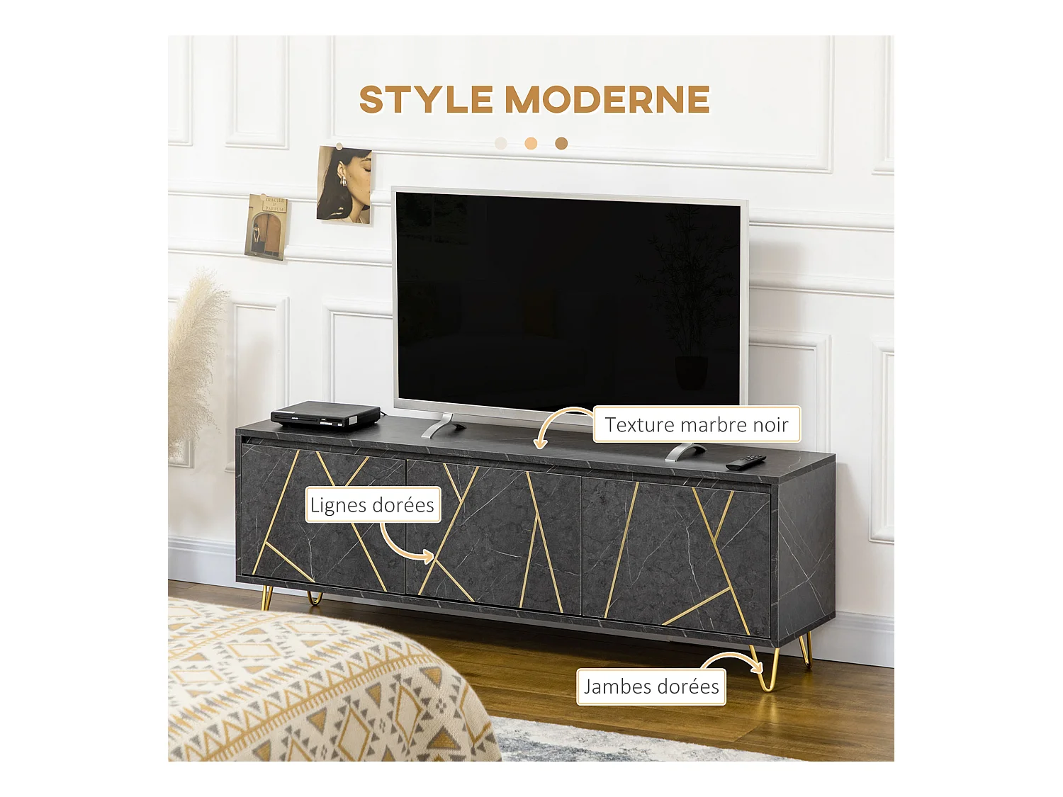 Meuble TV banc TV style art déco - 3 portes, 2 étagères - piètement épingle métal doré MDF aspect marbre noir rainures dorées