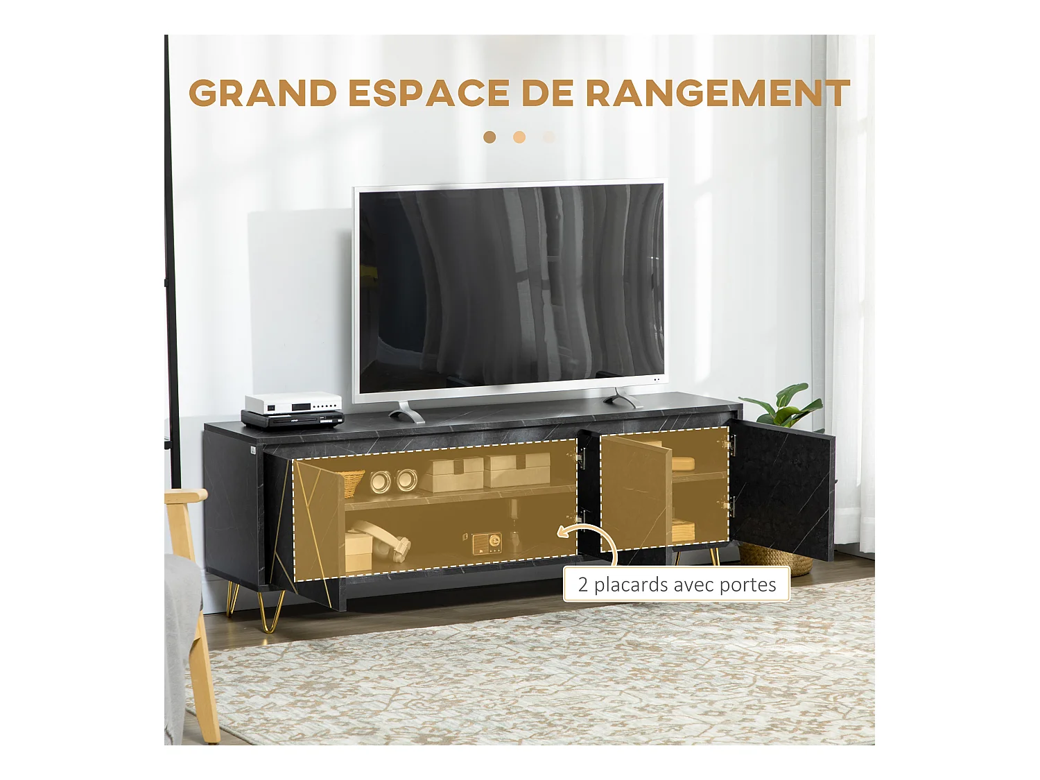 Meuble TV banc TV style art déco - 3 portes, 2 étagères - piètement épingle métal doré MDF aspect marbre noir rainures dorées
