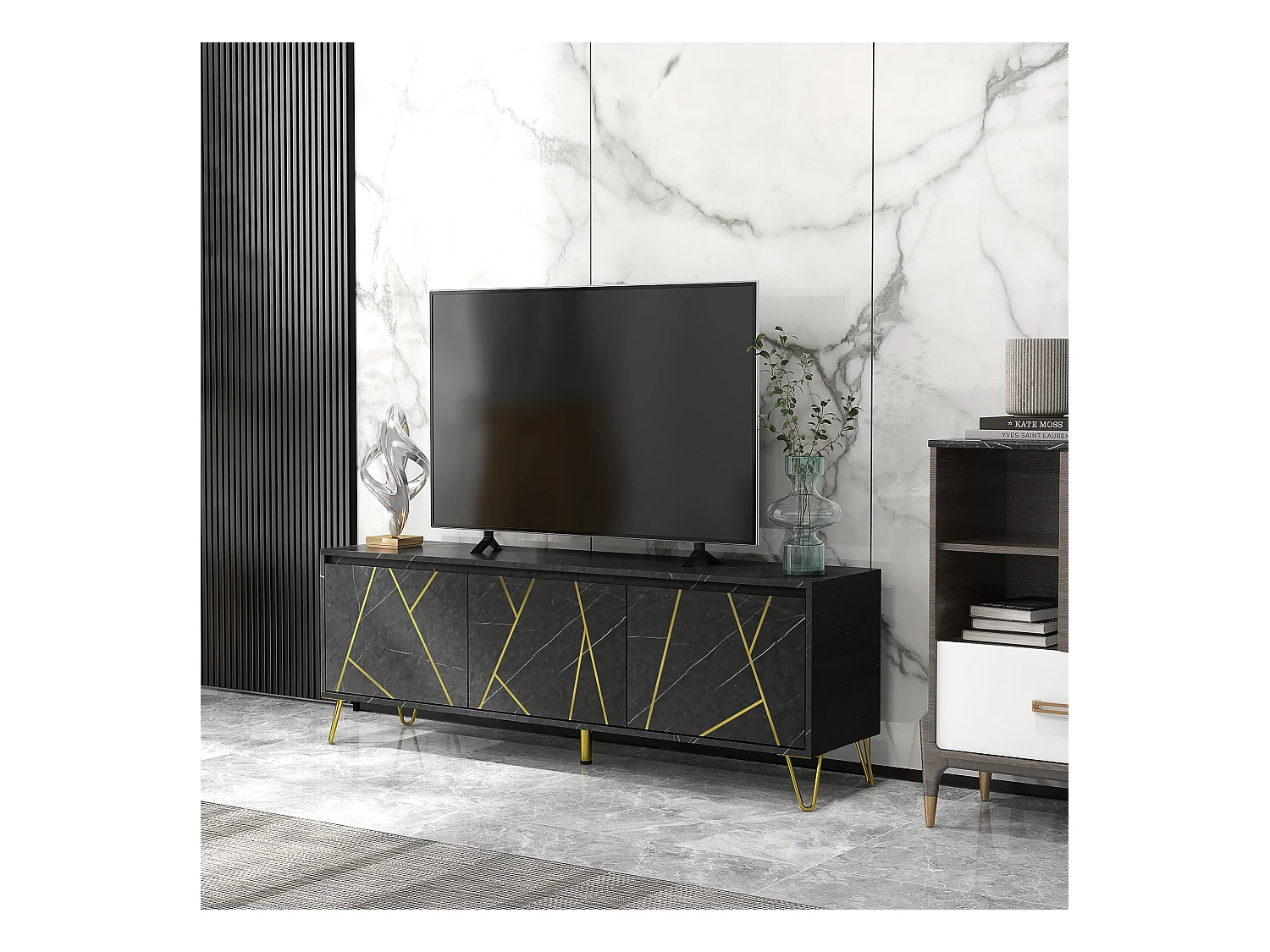 Meuble TV banc TV style art déco - 3 portes, 2 étagères - piètement épingle métal doré MDF aspect marbre noir rainures dorées