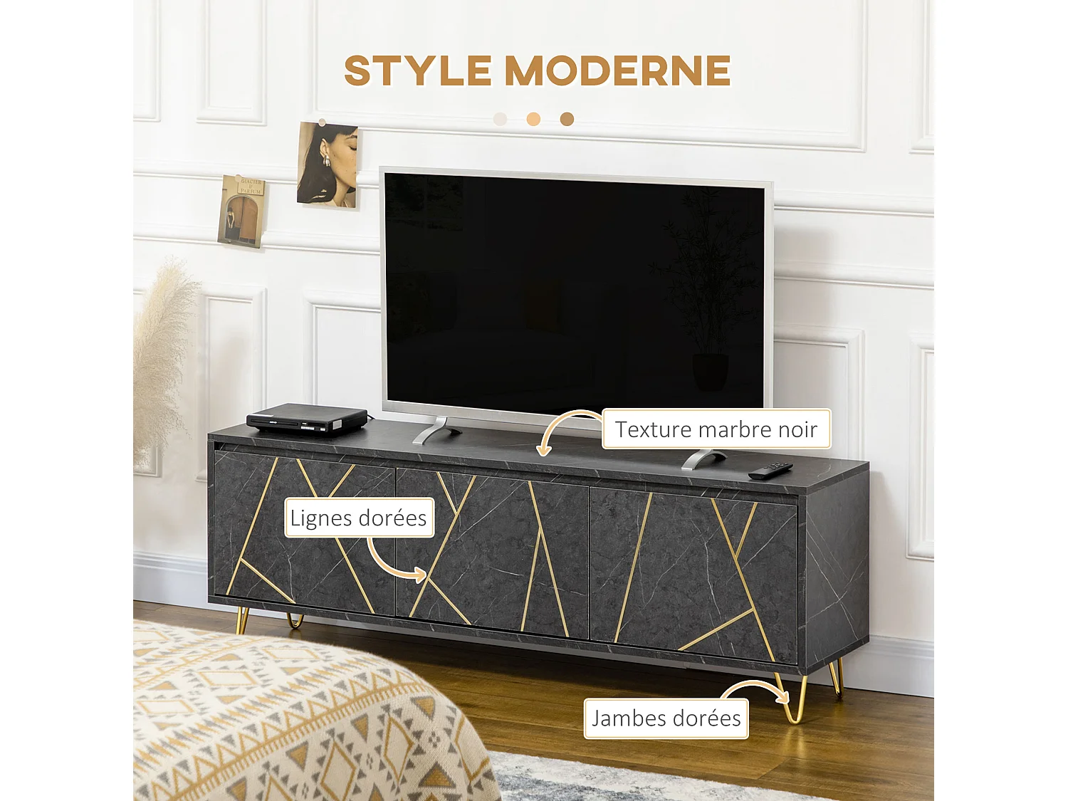 Meuble TV banc TV style art déco - 3 portes, 2 étagères - piètement épingle métal doré MDF aspect marbre noir rainures dorées