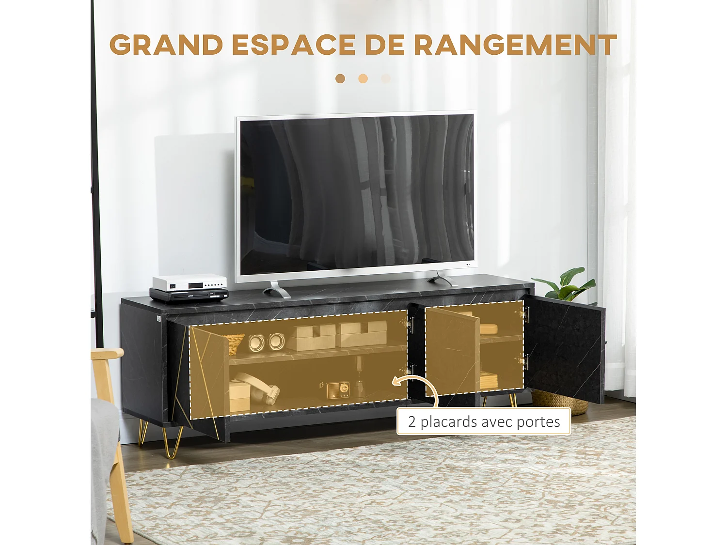 Meuble TV banc TV style art déco - 3 portes, 2 étagères - piètement épingle métal doré MDF aspect marbre noir rainures dorées