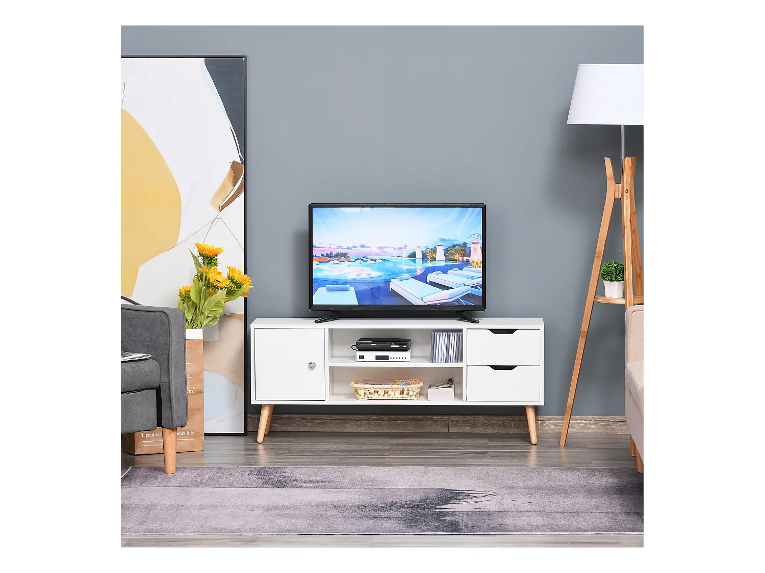 Meuble TV banc TV style scandinave placard 2 niches 2 tiroirs passe-fils panneaux particules blanc bois pin