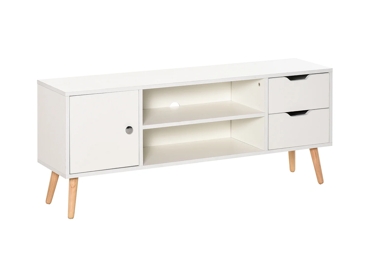 Meuble TV banc TV style scandinave placard 2 niches 2 tiroirs passe-fils panneaux particules blanc bois pin