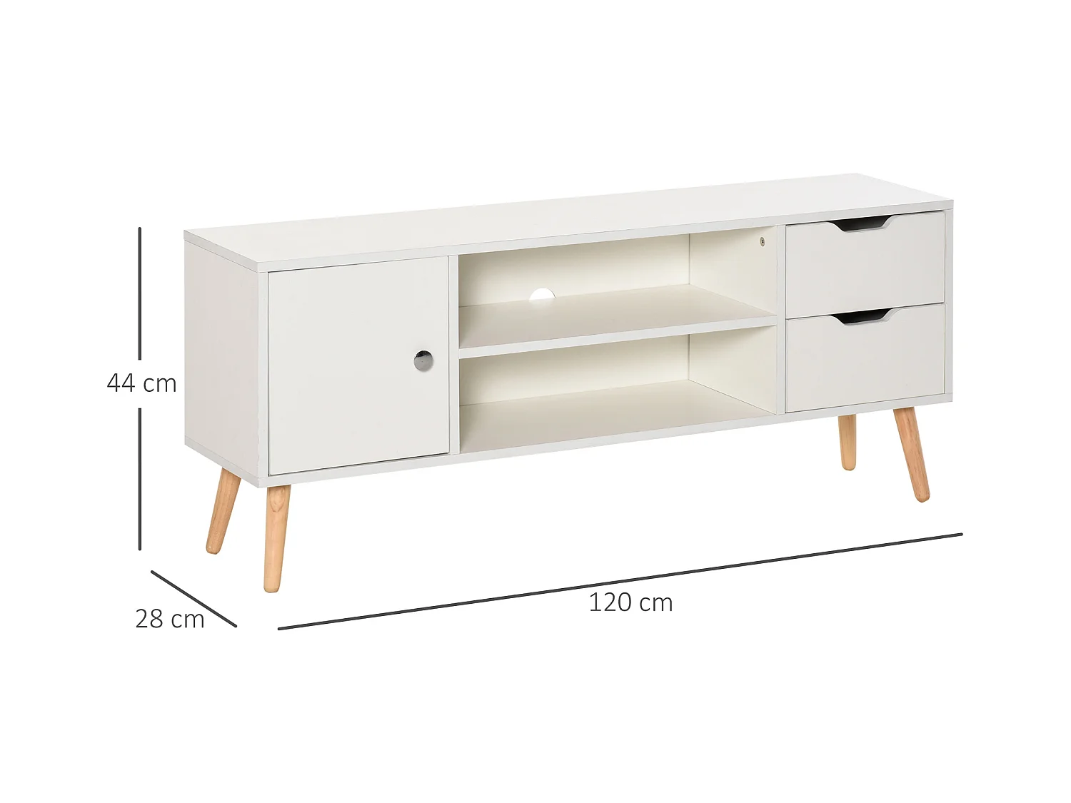 Meuble TV banc TV style scandinave placard 2 niches 2 tiroirs passe-fils panneaux particules blanc bois pin