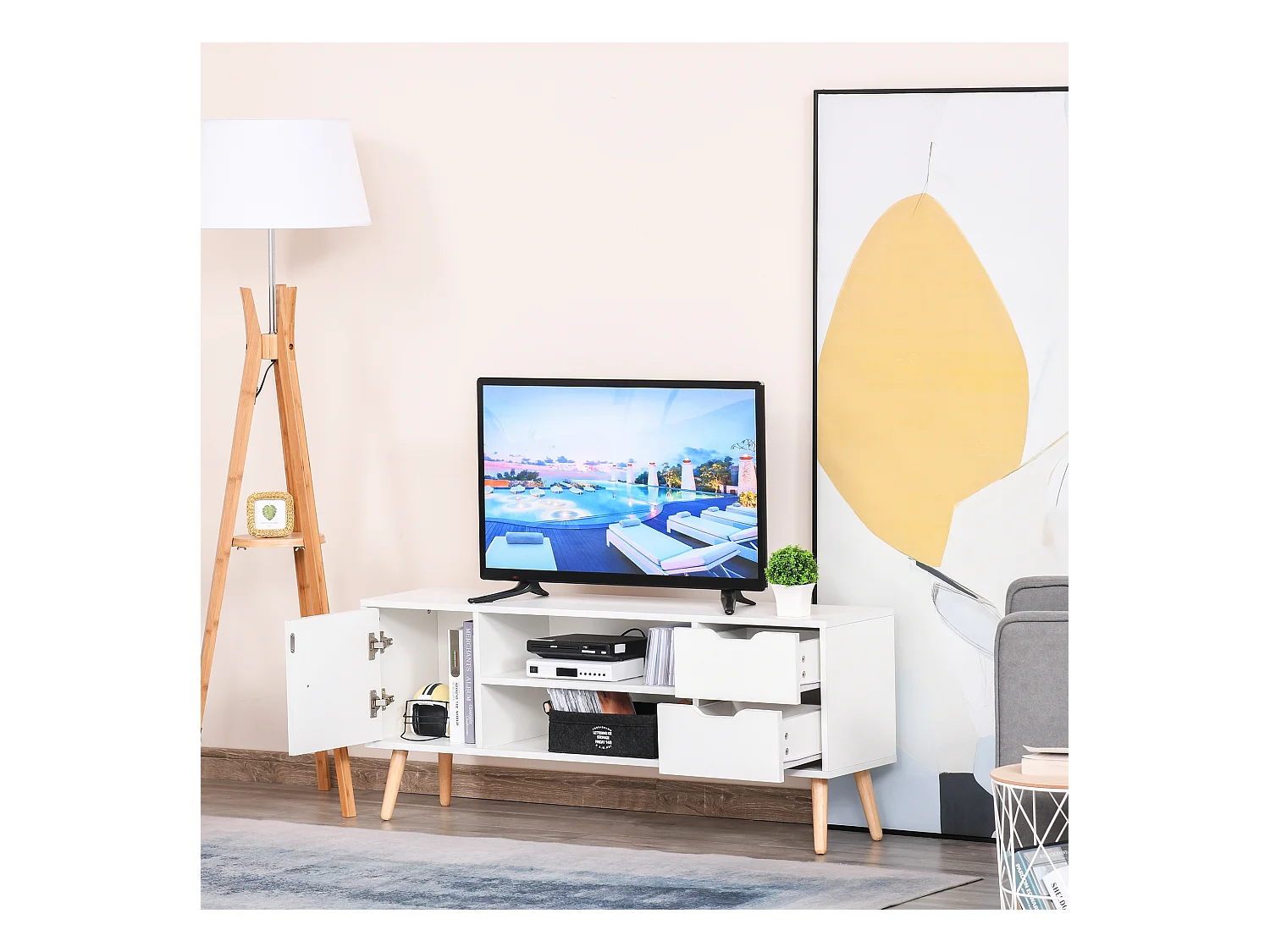 Meuble TV banc TV style scandinave placard 2 niches 2 tiroirs passe-fils panneaux particules blanc bois pin