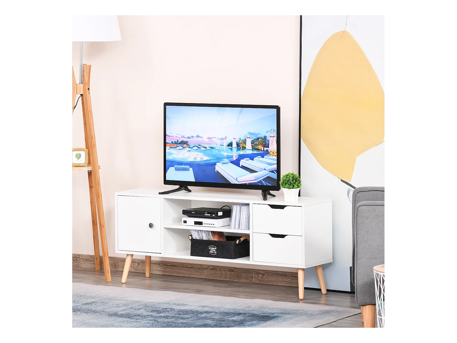 Meuble TV banc TV style scandinave placard 2 niches 2 tiroirs passe-fils panneaux particules blanc bois pin