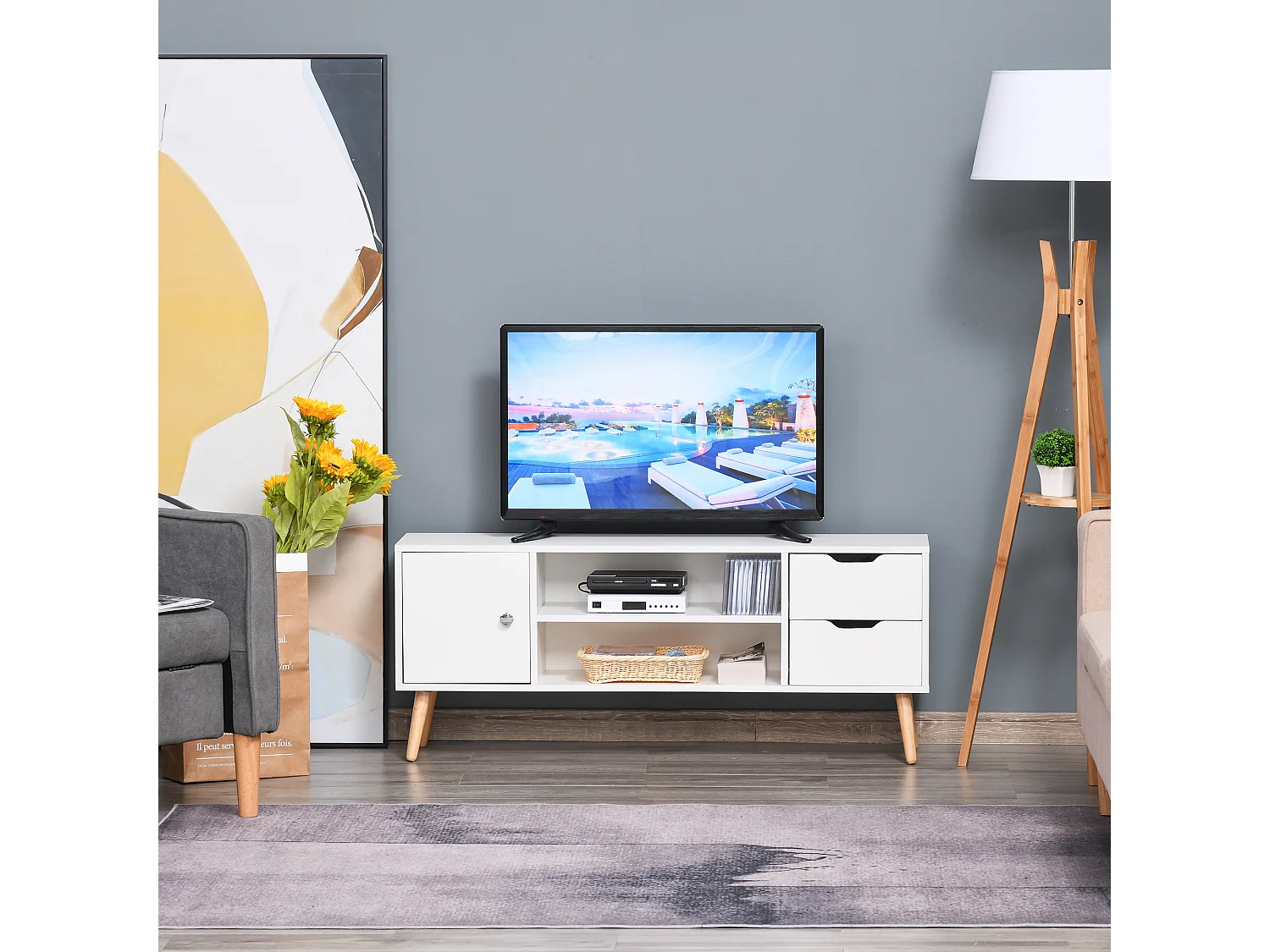 Meuble TV banc TV style scandinave placard 2 niches 2 tiroirs passe-fils panneaux particules blanc bois pin