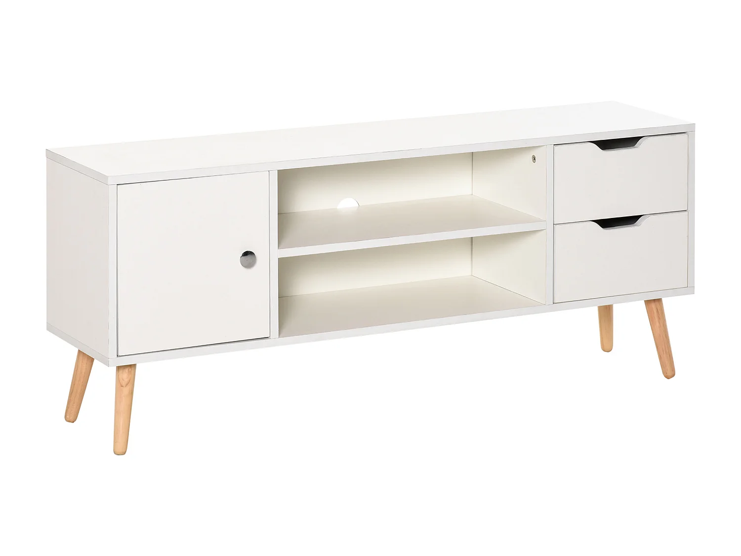Meuble TV banc TV style scandinave placard 2 niches 2 tiroirs passe-fils panneaux particules blanc bois pin