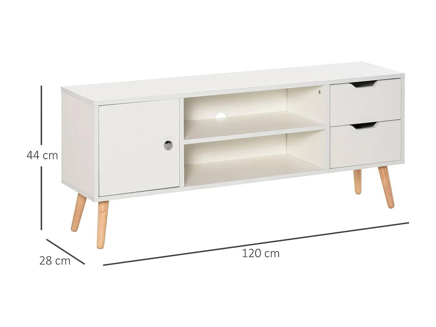 Meuble TV banc TV style scandinave placard 2 niches 2 tiroirs passe-fils panneaux particules blanc bois pin