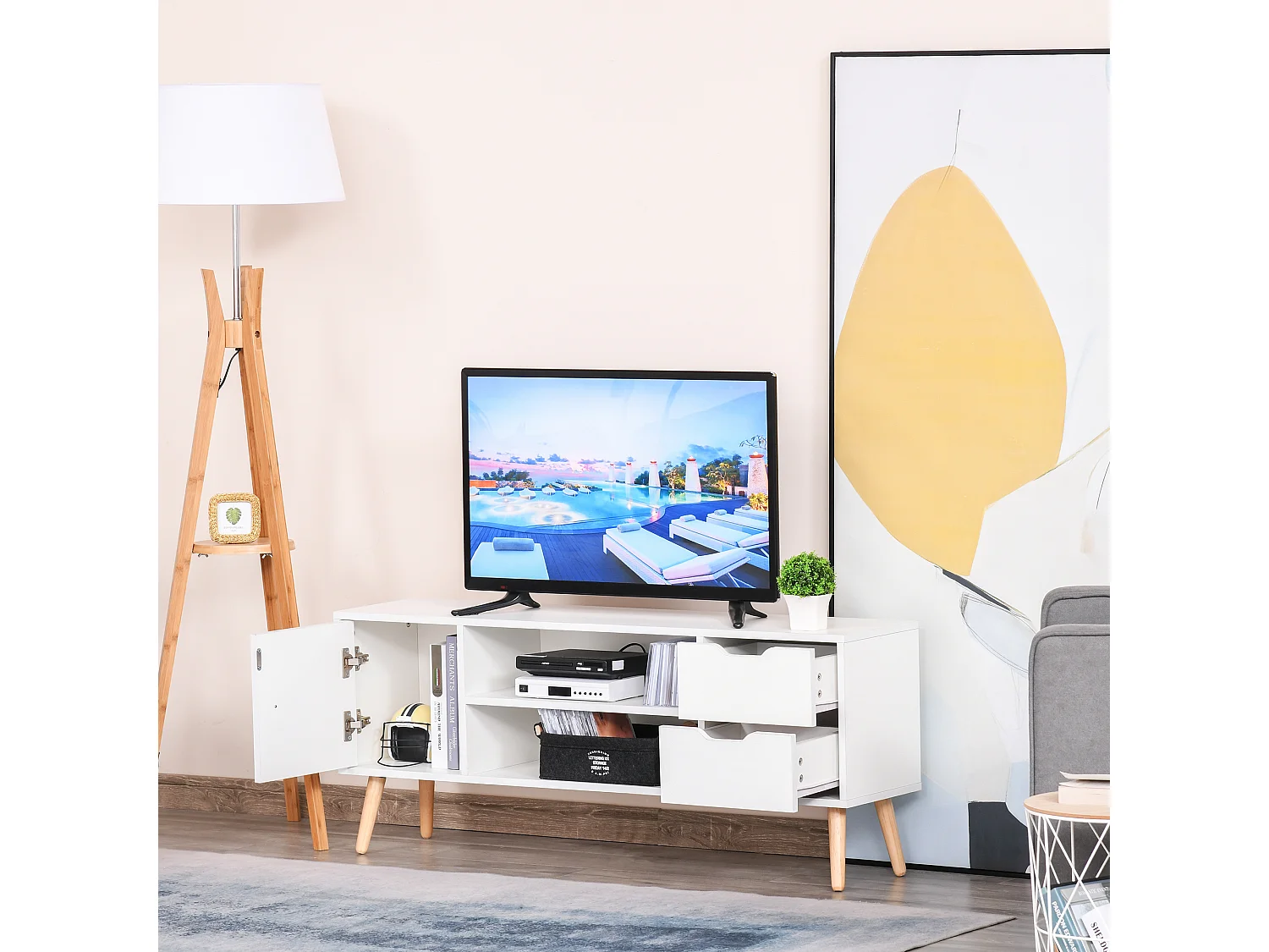 Meuble TV banc TV style scandinave placard 2 niches 2 tiroirs passe-fils panneaux particules blanc bois pin
