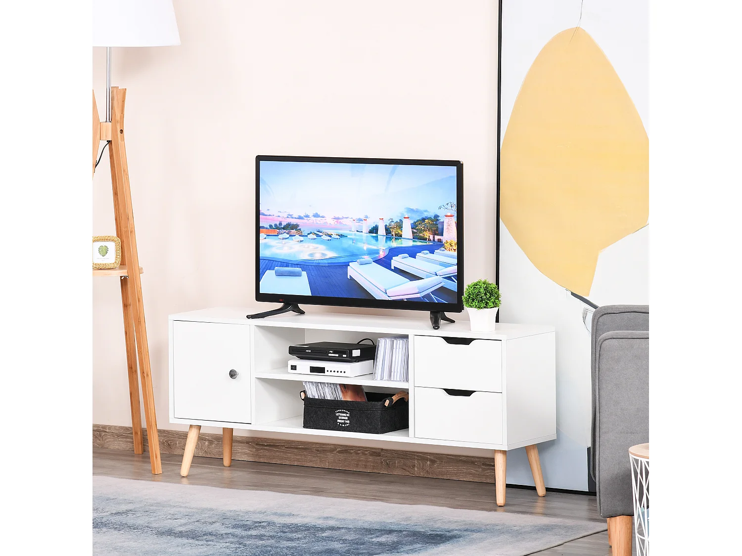 Meuble TV banc TV style scandinave placard 2 niches 2 tiroirs passe-fils panneaux particules blanc bois pin