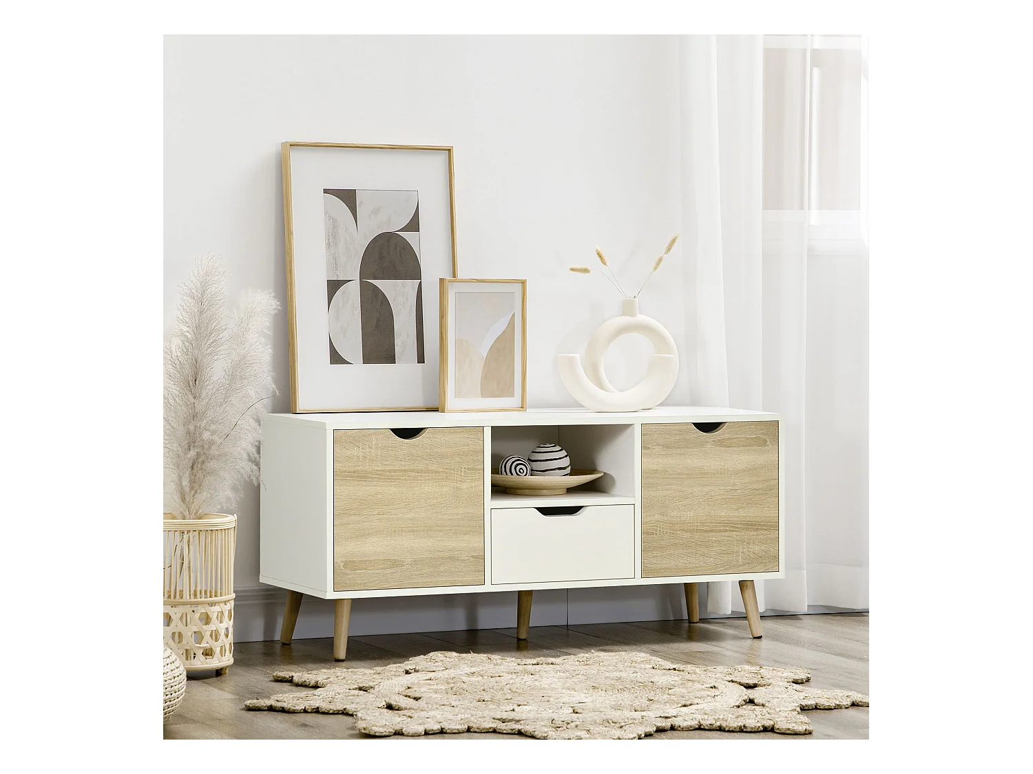 Meuble TV banc TV style scandinave 2 portes tiroir niche piètement bois de pin panneaux blanc aspect chêne clair