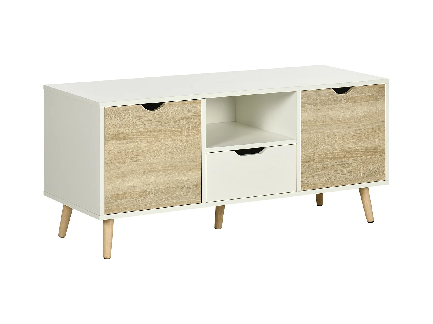 Meuble TV banc TV style scandinave 2 portes tiroir niche piètement bois de pin panneaux blanc aspect chêne clair