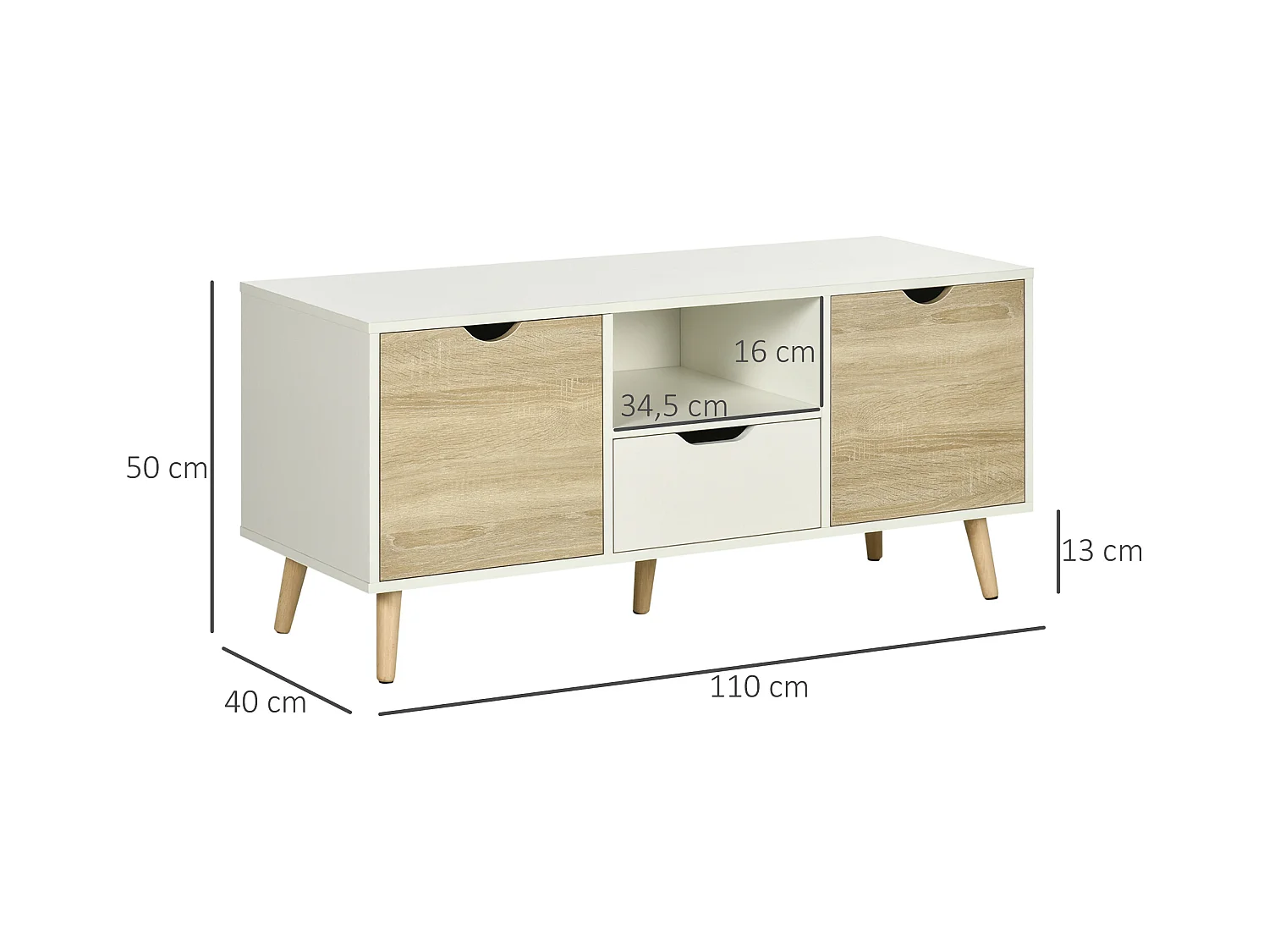 Meuble TV banc TV style scandinave 2 portes tiroir niche piètement bois de pin panneaux blanc aspect chêne clair