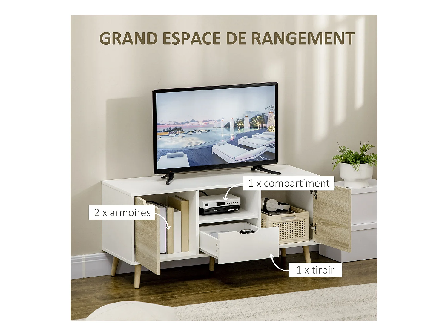 Meuble TV banc TV style scandinave 2 portes tiroir niche piètement bois de pin panneaux blanc aspect chêne clair