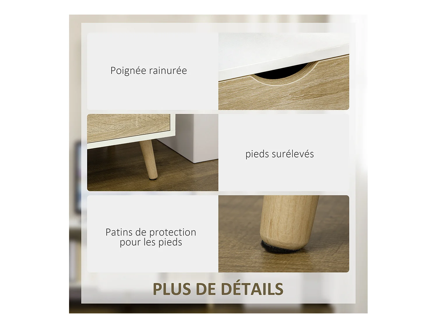 Meuble TV banc TV style scandinave 2 portes tiroir niche piètement bois de pin panneaux blanc aspect chêne clair