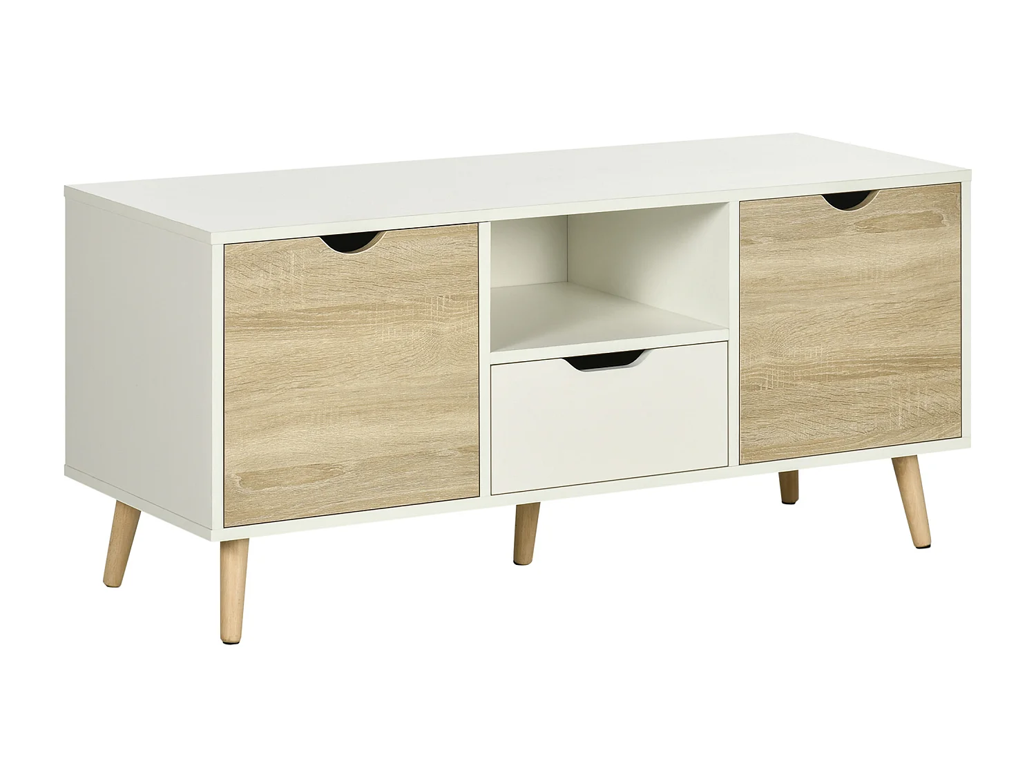 Meuble TV banc TV style scandinave 2 portes tiroir niche piètement bois de pin panneaux blanc aspect chêne clair
