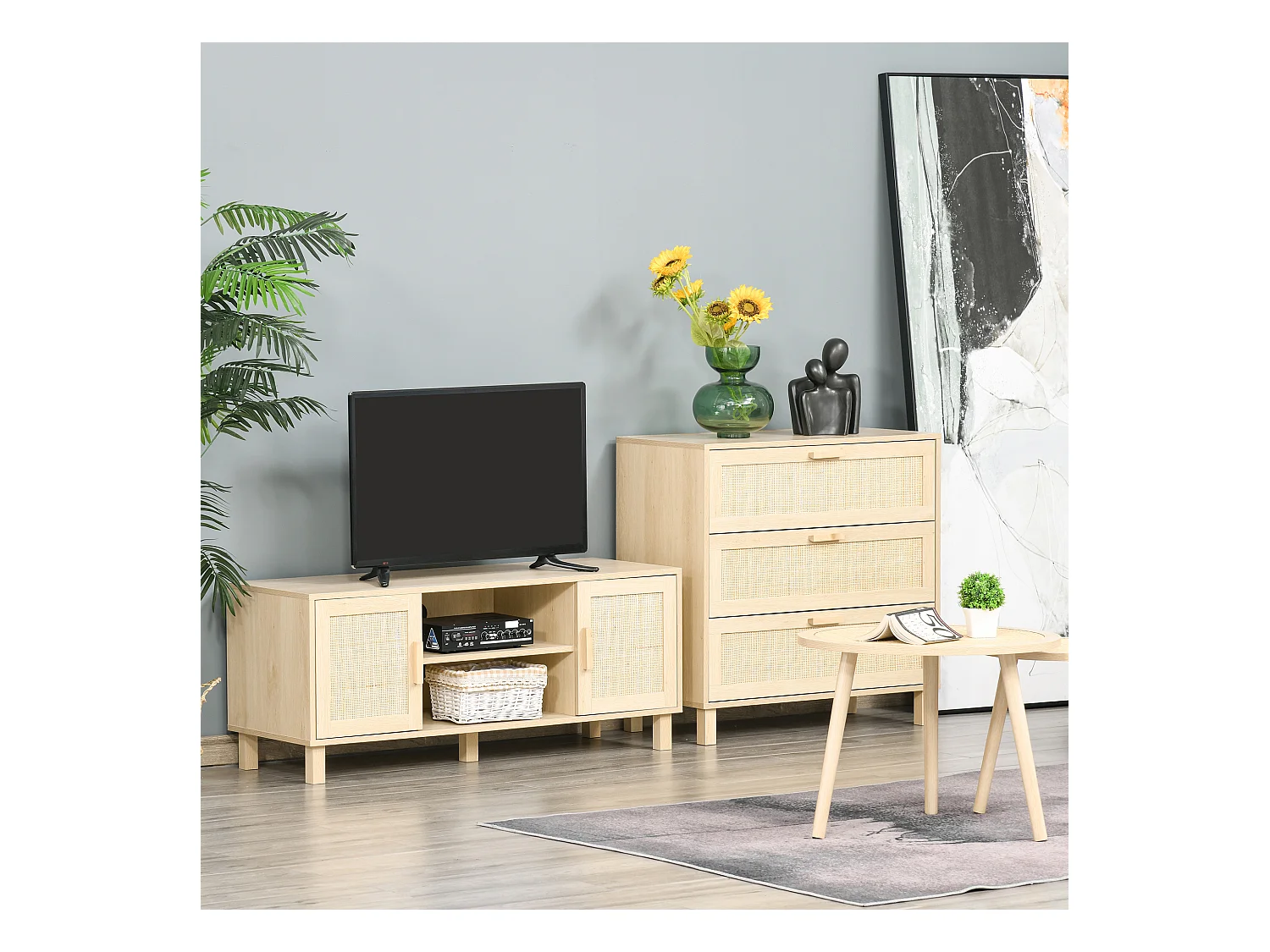 Meuble TV banc TV 2 niches 2 placards porte cannage en rotin dim. 115L x 40l x 48H cm MDF aspect bois clair