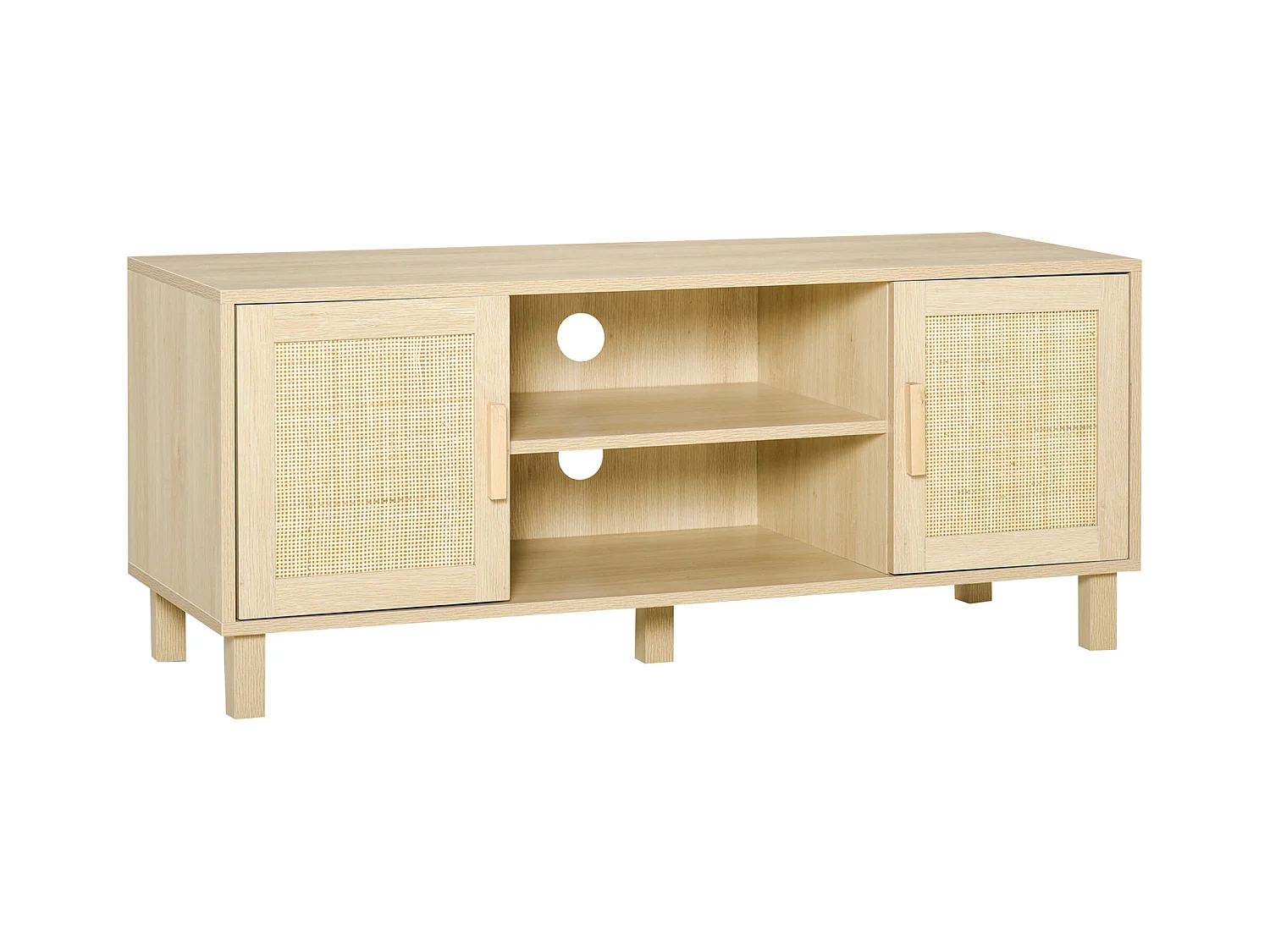 Meuble TV banc TV 2 niches 2 placards porte cannage en rotin dim. 115L x 40l x 48H cm MDF aspect bois clair