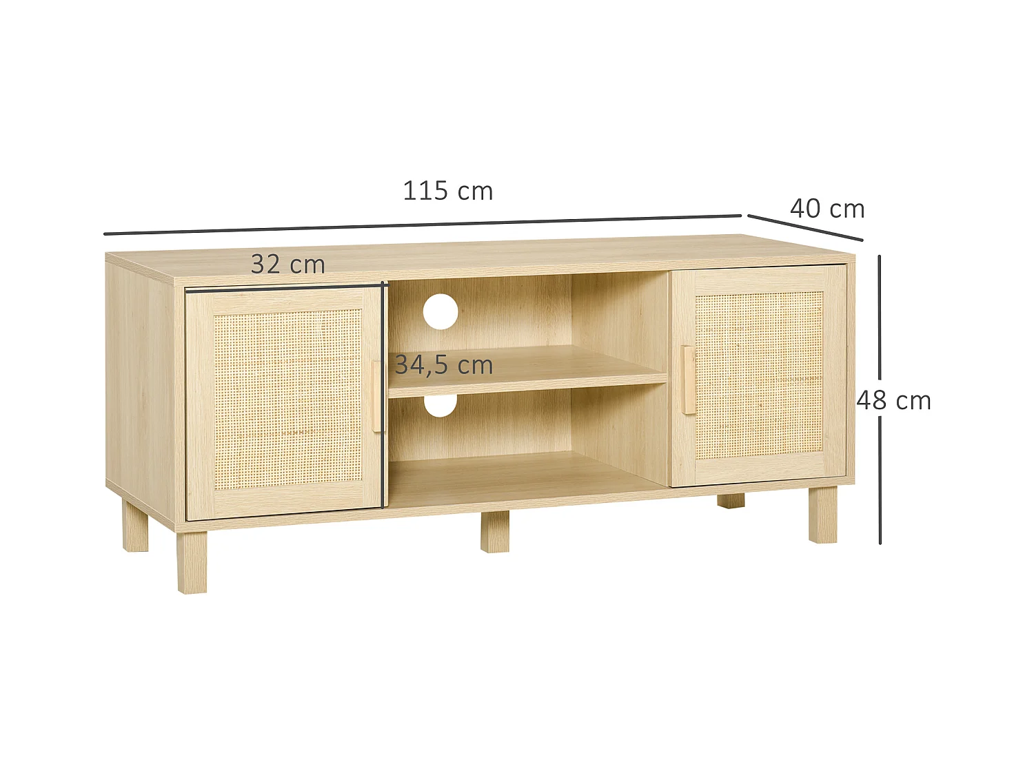 Meuble TV banc TV 2 niches 2 placards porte cannage en rotin dim. 115L x 40l x 48H cm MDF aspect bois clair